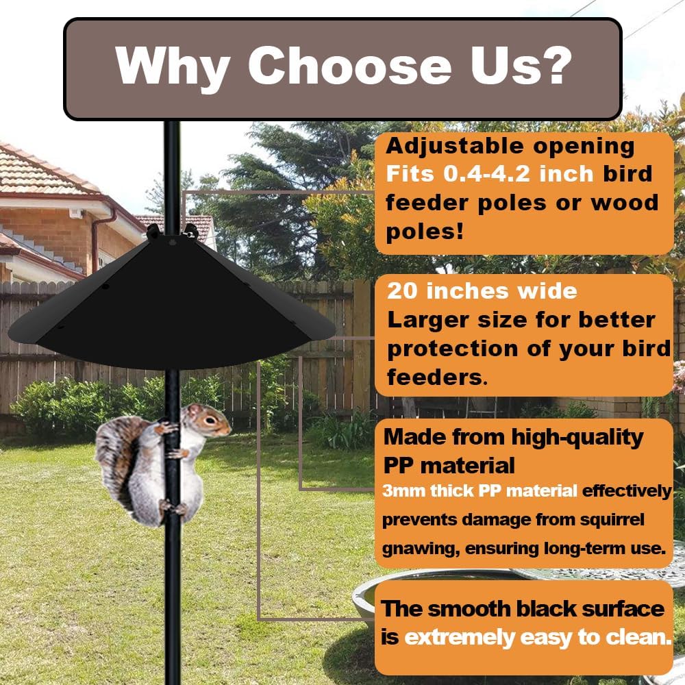 20 Inch Squirrel Baffle for Bird Feeder Pole, Adjustable Opening Size, for Up to 4x4 Inch Wide Wooden Post, Outside Pole Mount Bird House Guard for Outdoor Shepherd’s Hook.