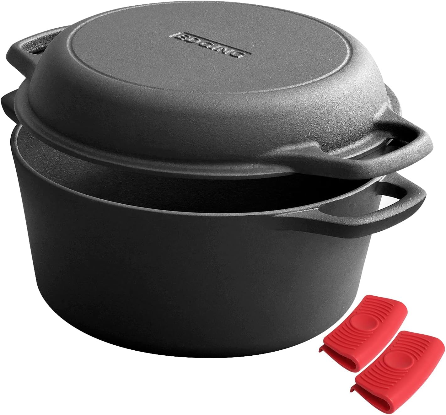 2-in-1 Pre-Seasoned Cast Iron Dutch Oven Pot with Skillet Lid Cooking 