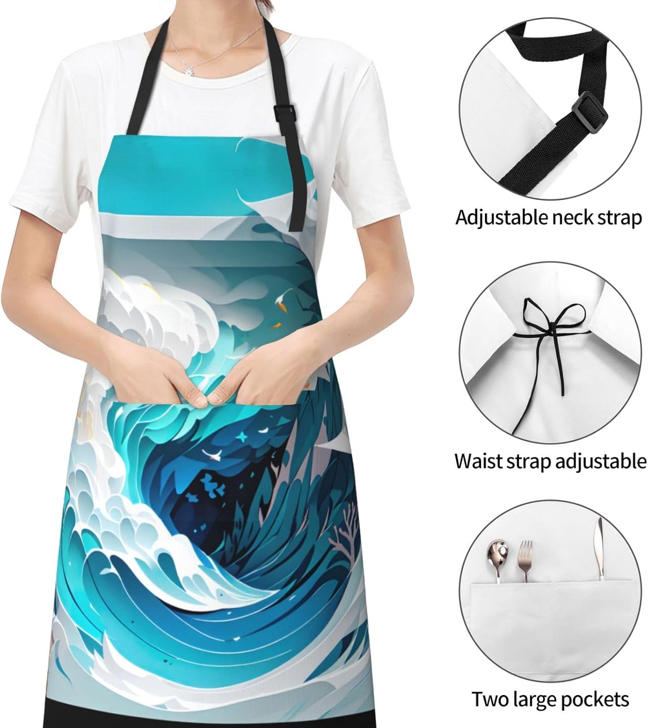 Ocean Wave print Waterproof chef's apron with pocket apron for kitchen