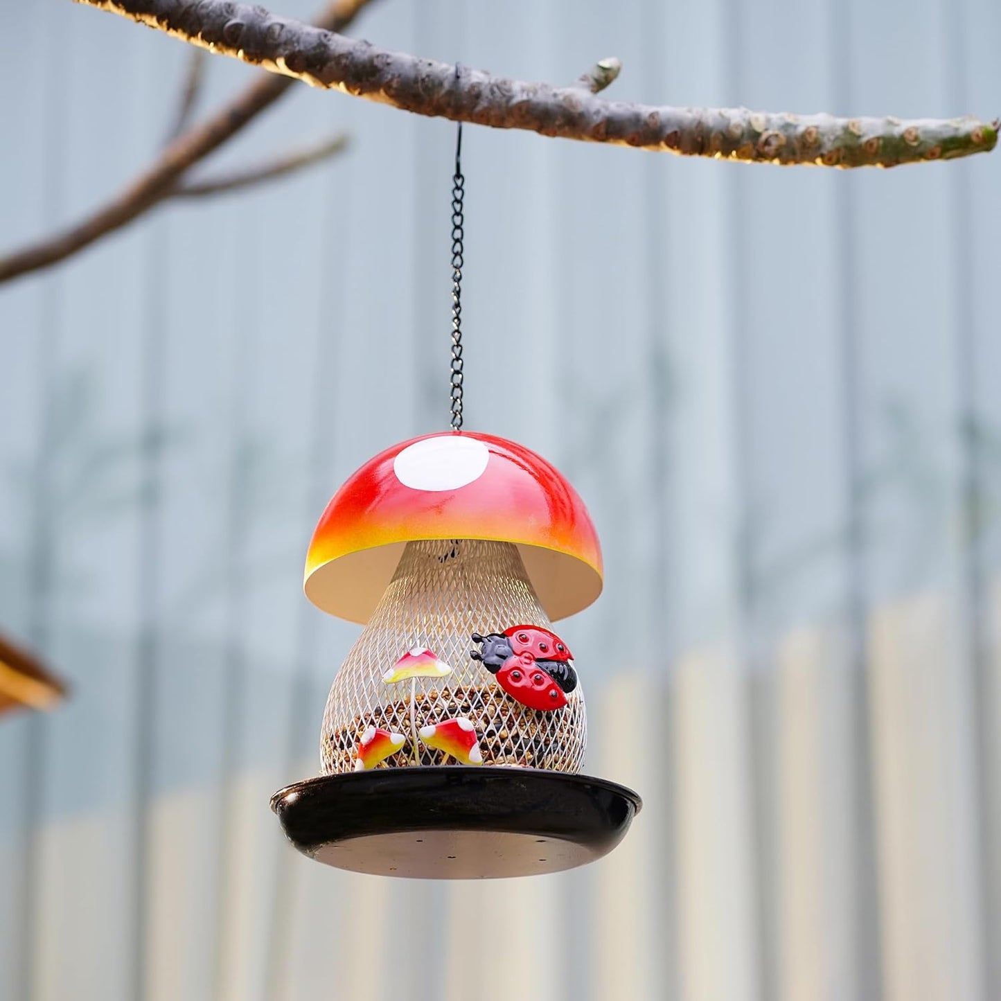 Mushroom & Ladybug Metal Bird Feeder - 16" Hanging Wild Bird Feeder with Decorative Accents, Large Capacity Outdoor Birdfeeder for Cardinals and Songbirds, Perfect Garden Gift