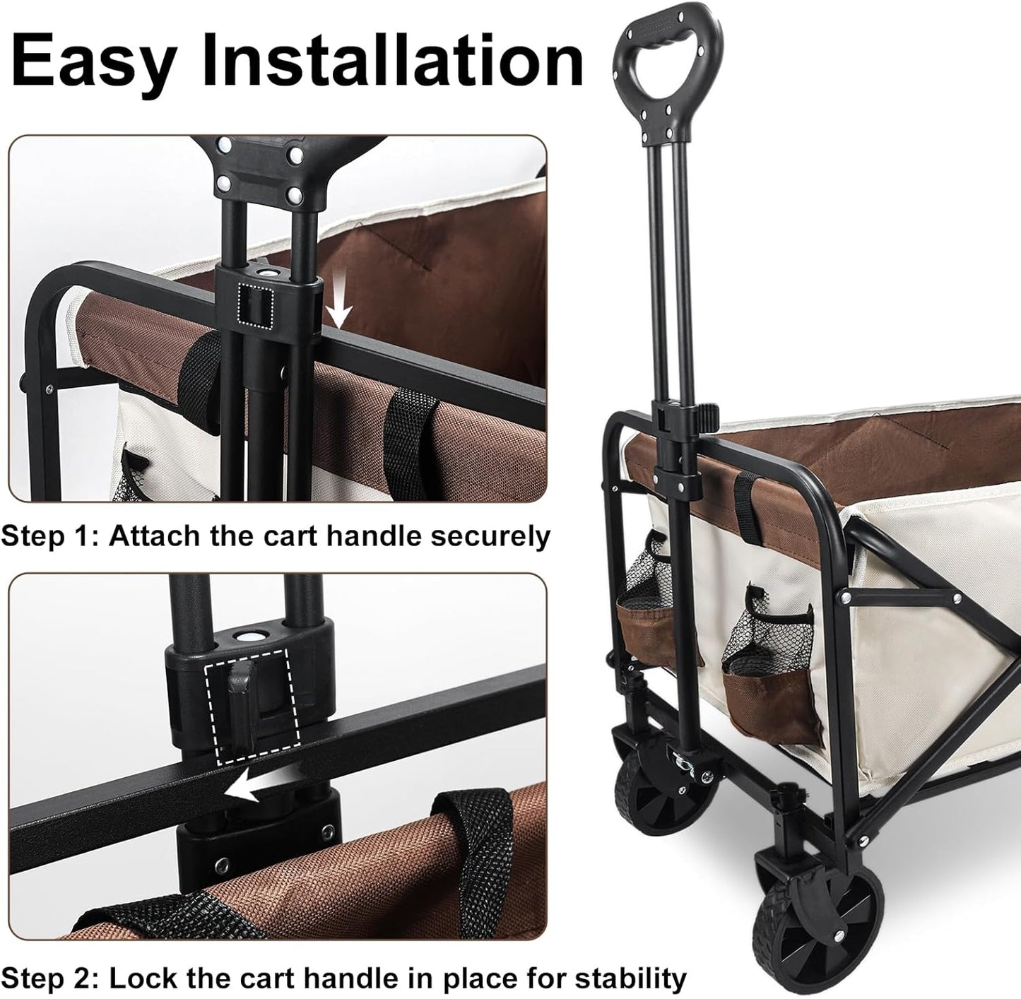 Heavy-Duty Collapsible Wagon Cart with Wheels, Lightweight Foldable Utility Cart with Adjustable Handle for Outdoor Use – Ideal for Grocery Shopping, Camping, Sports, Fishing, and More (Khaki)