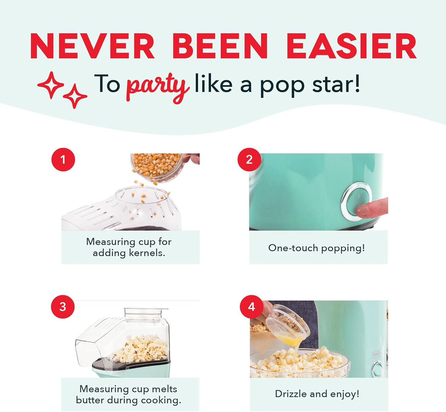 DASH Fresh Pop Popcorn Maker - Oil-Free, Air Popcorn Popper - With Mea