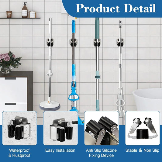 8 Pack Mop and Broom Holder Wall Mount, Heavy Duty Broom and Mop Organizer Wall Hanging Command Broom Holder with Screws, Mop Hanger for Kitchen Laundry Garden Tool Organizer