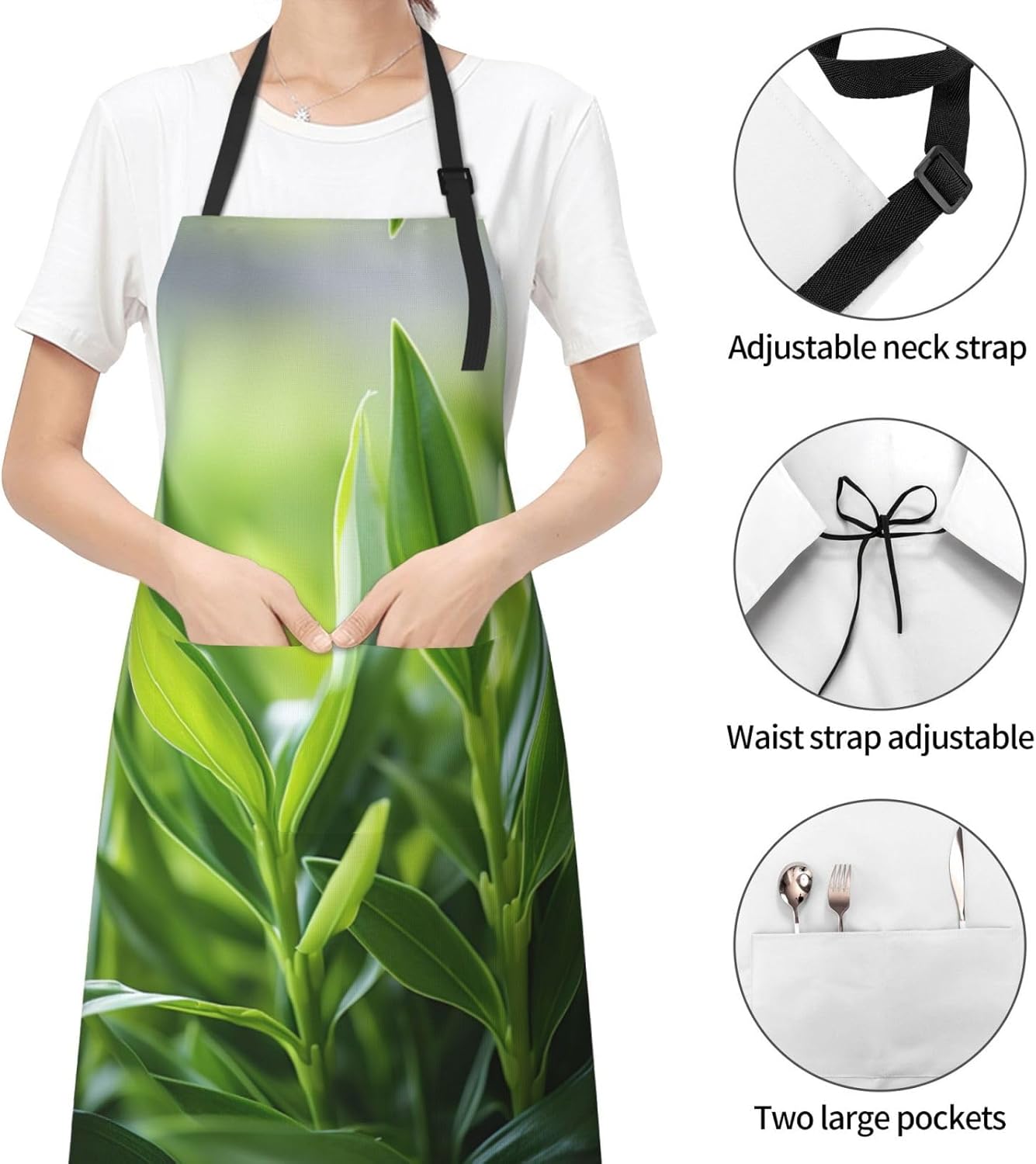 Green Palm Leaf print Waterproof apron with pocket adjustable cooking apron for adult kitchen bibs to bake
