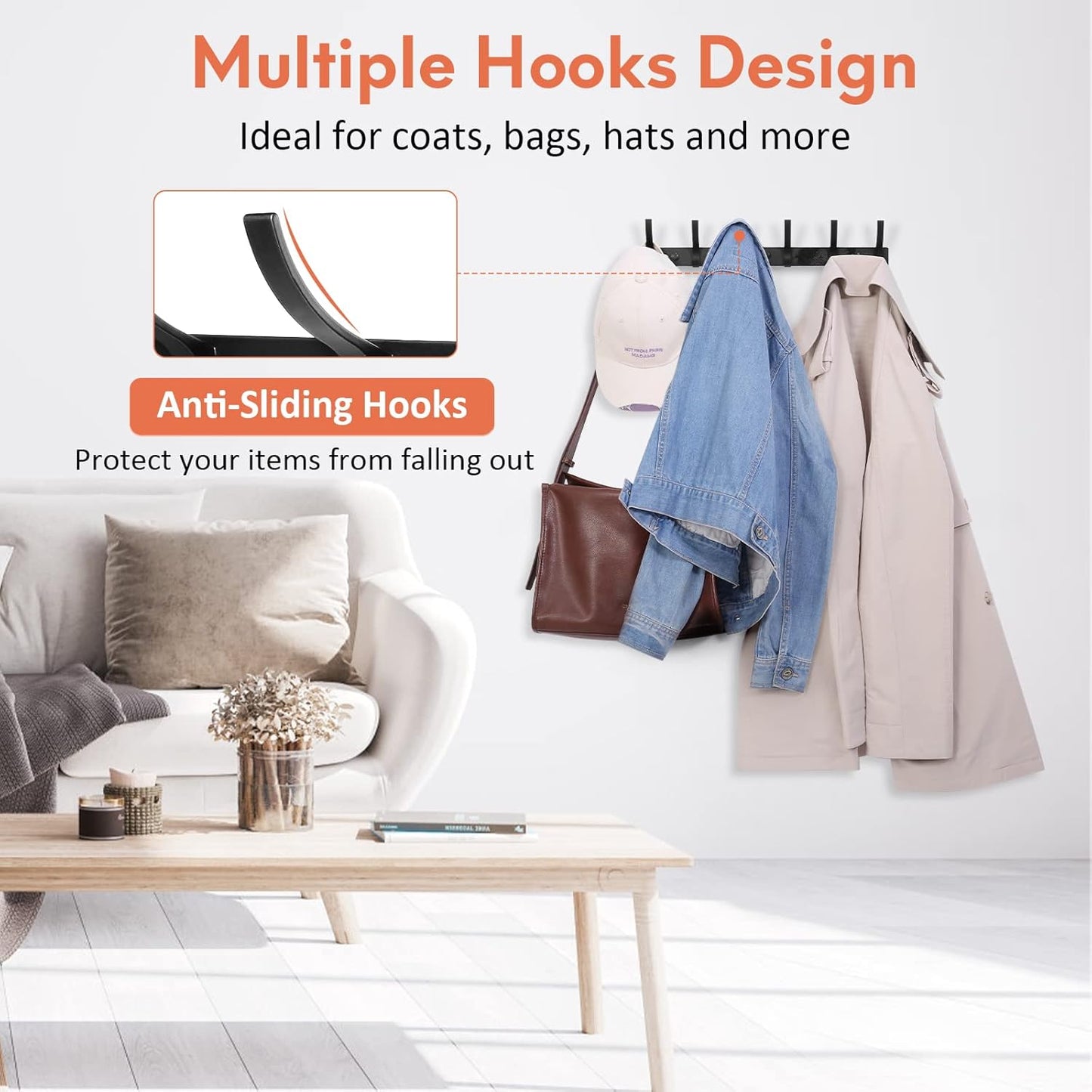 Coat Rack Wall Mount, Wall Hooks for Hanging, Entry Coat Hooks Coat Hanger, Hat Rack Holder for Wall, Key Holder Purse Racks, Towel Rack for Bathrooms (2 Pack, Black)