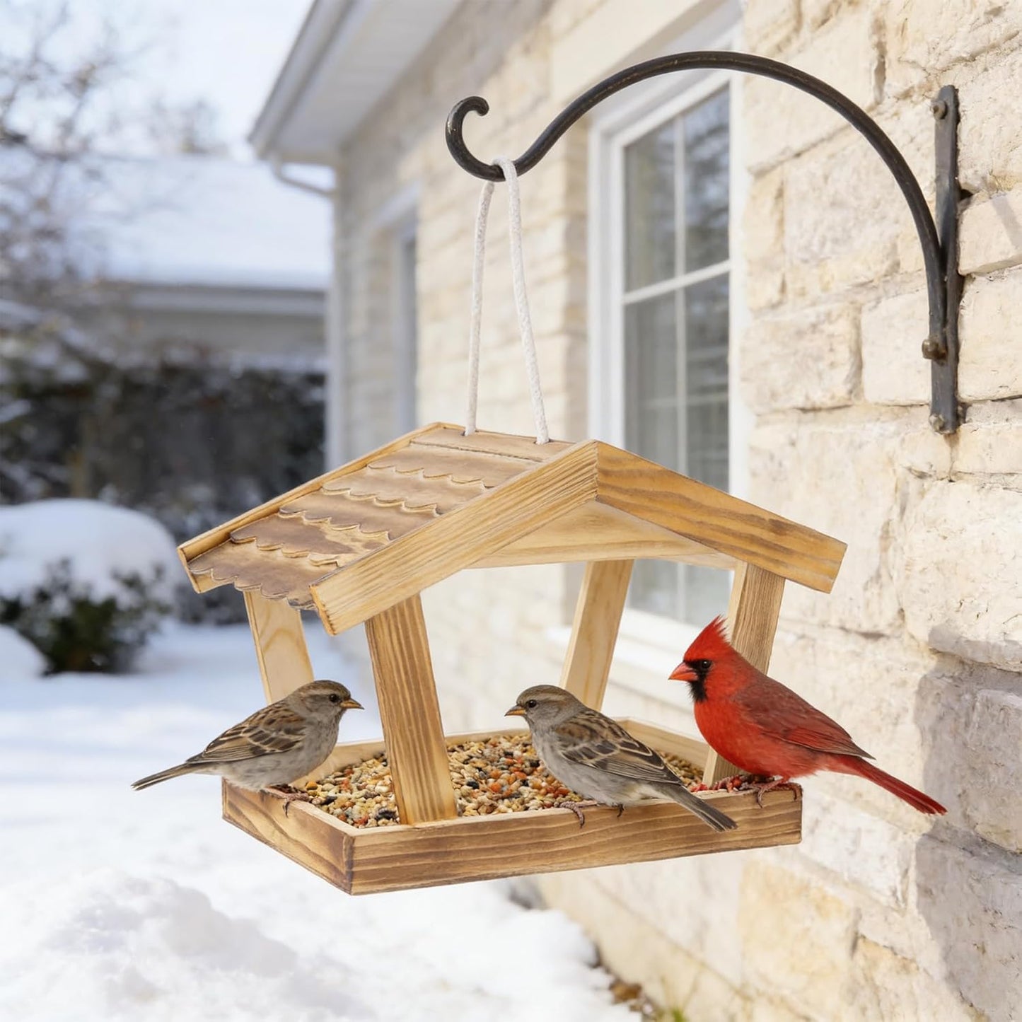 Bird Feeders for Outside Hanging, Wooden Wild Bird Feeder House, Platform Bird House Feeder for Garden Yard Outdoor Hanging 10x6.3x7.8 Inch