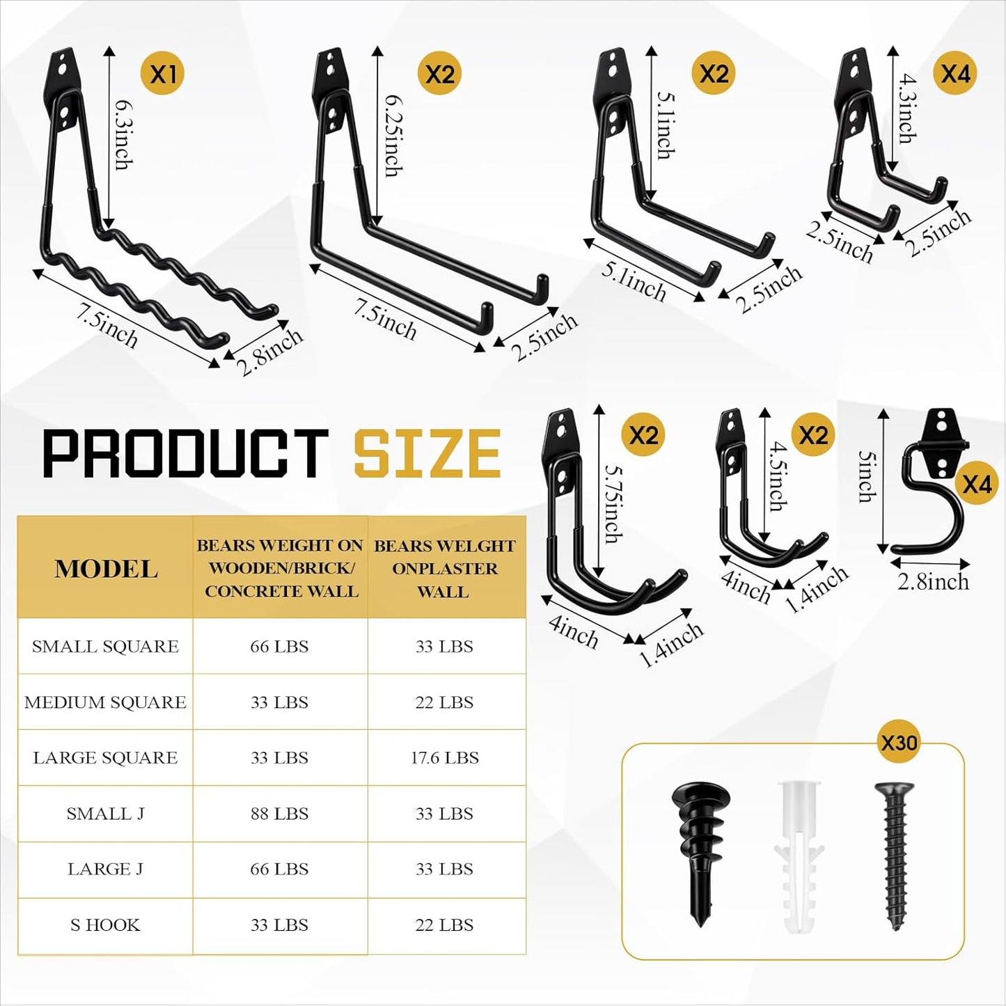 37 Pack Heavy Duty Garage Storage Hooks Set, Steel Wall Mount Garage Hooks with Anti-slip Coating and 12 Adjustable Triangle Straps, Multi-size Organizer for Hanging Bike, Ladder, Garden Tools