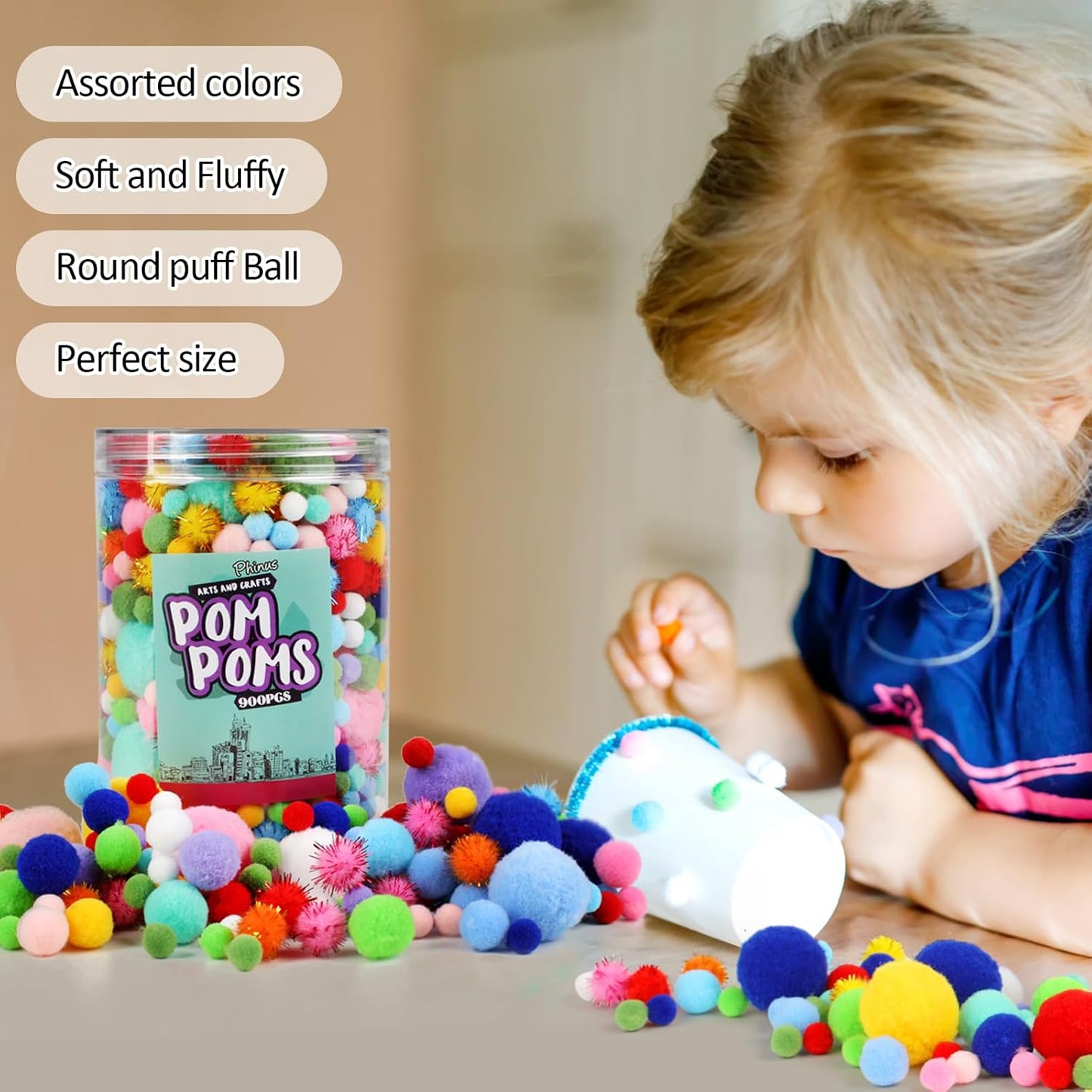 Phinus 900 PCS Pom Poms, Multicolor Bulk Pom Poms Arts and Crafts, Soft and Fluffy Craft Pom Poms, Assorted Sizes Pompoms, for Arts and Craft Making Decorations