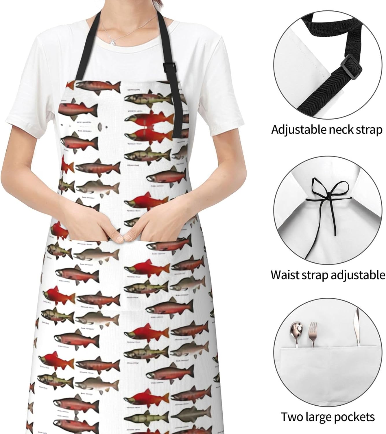 Salmon Print Laundry apron 28x33 In Waterproof Kitchen Apron with Pockets for Cooking Baking