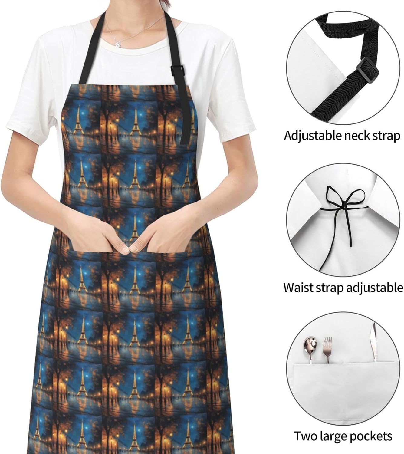YANYU Night Paris Eiffel Tower Print 28x33 In Kitchen Apron Stylish Chef Apron with Pockets for Cooking Baking Painting