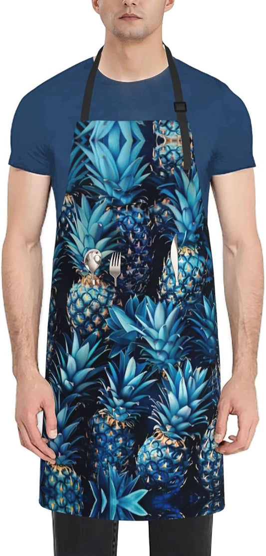 Blue pineapple print Waterproof chef's apron with pocket apron for kit