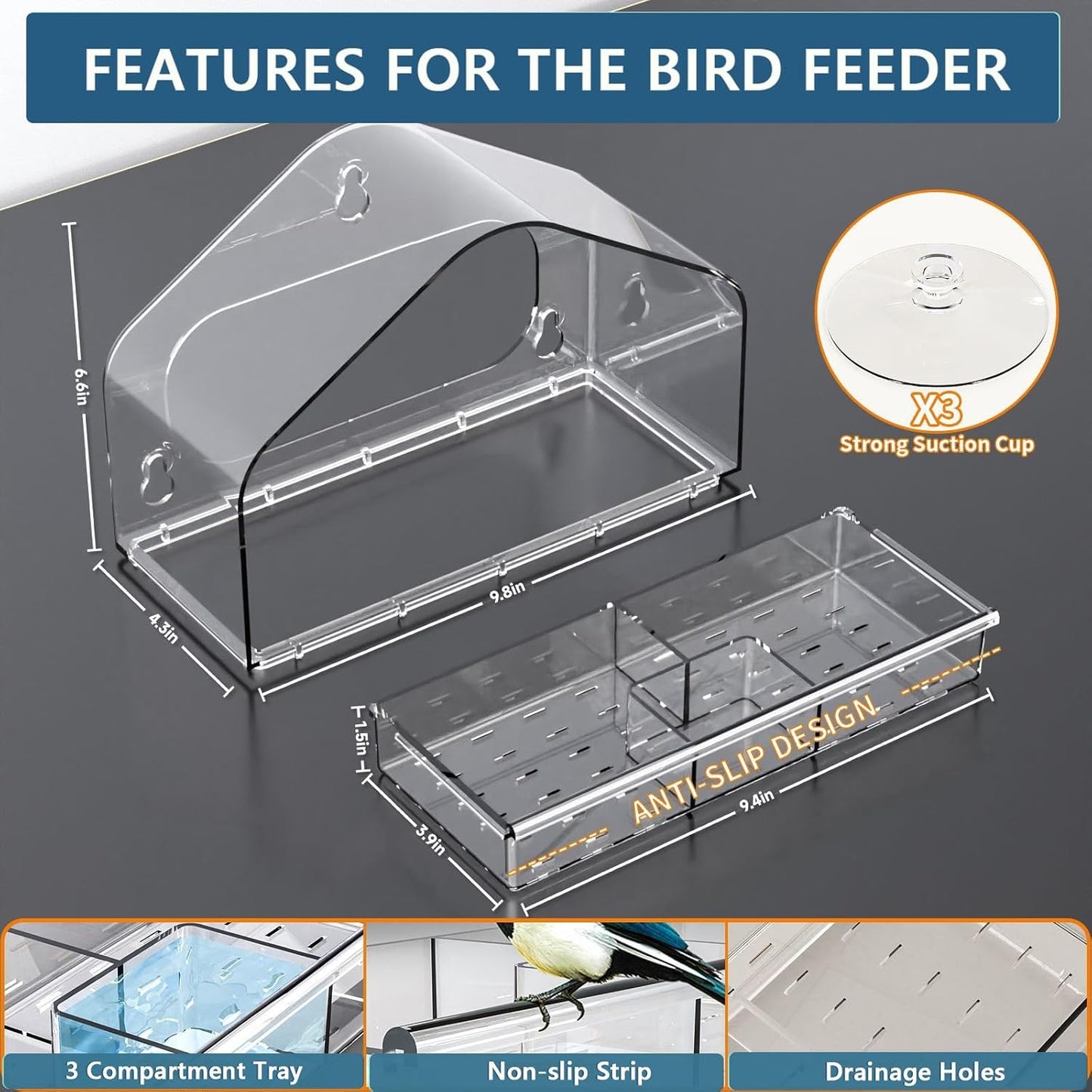 Window Bird Feeder Viewing Box - 10x7 Inches Acrylic Window Bird Feeder with 4 Strong Suction Cups, 3 Compartment Trays, Clear Birdfeeder with Enhanced Grip, Watching Cardinal for Cat