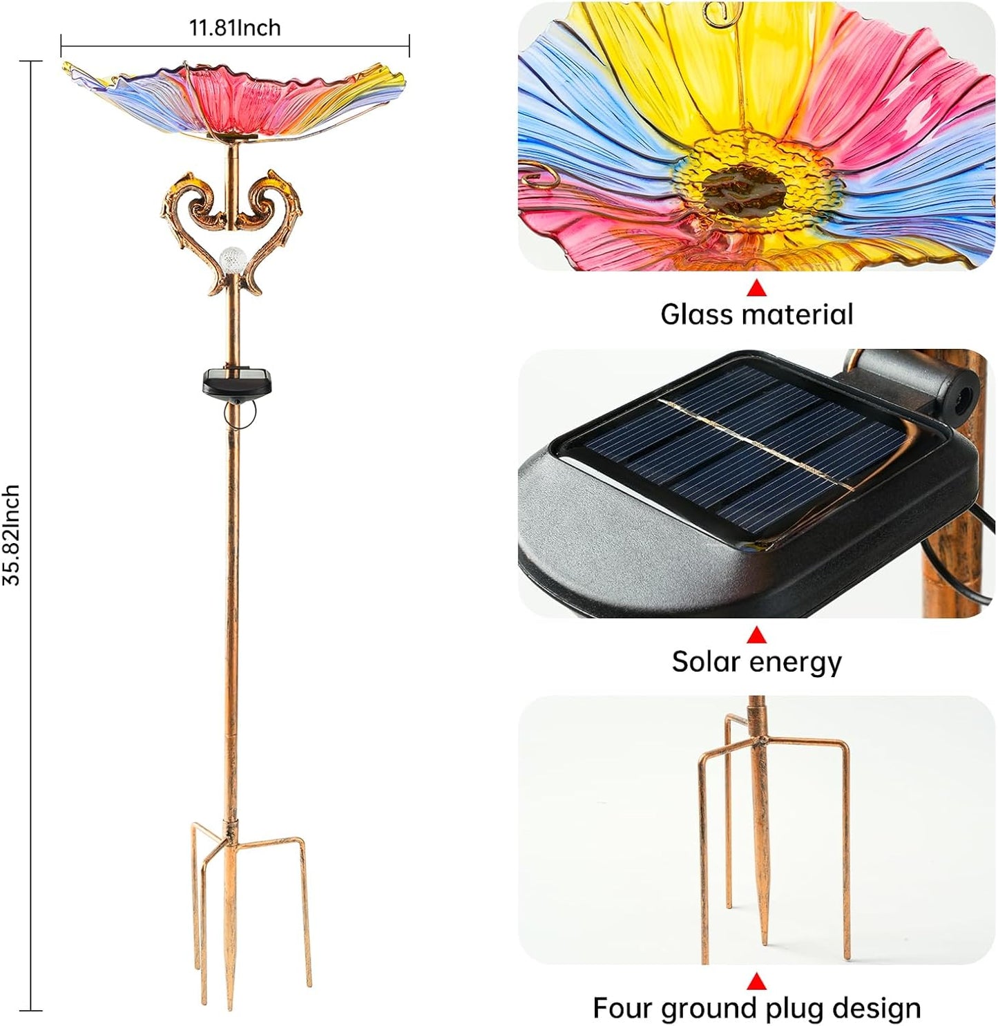 Garden Decor Gifts Solar Glass Blue Bird Bath Yard Art Garden Outdoor Birdbath with Metal Stake with White LED Light Metal Stake Garden for Women
