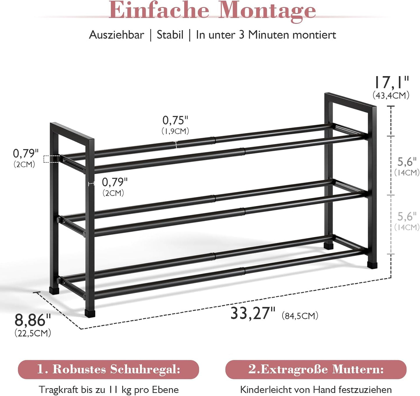 Bumusty 3-Tier Expandable Shoe Rack for Closet, 18“-33” Adjustable Shoe Rack for Small Space, Small Shoe Organizer for Front Door, Sturdy Metal, Black