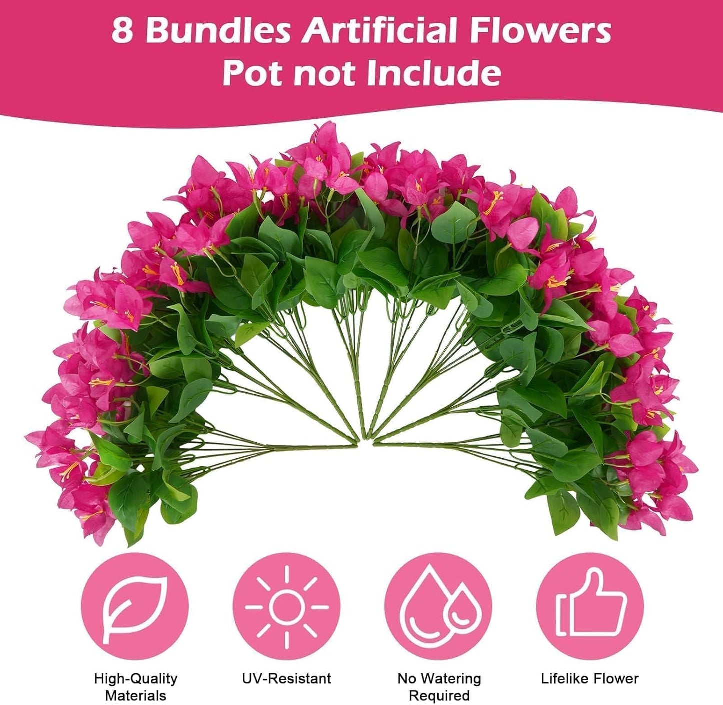 HUAESIN 8 Bundles Artificial Flowers for Outdoors Planters Bougainvillea Artificial Flowers Realistic Spring Silk Flowers for Patio Porch Outside Home Table Indoor Pot Decor(Pink)