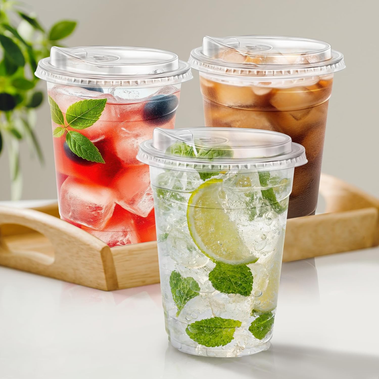 100 Pack 16 oz Clear Plastic Cups with Lids, Disposable Iced Coffee Cu