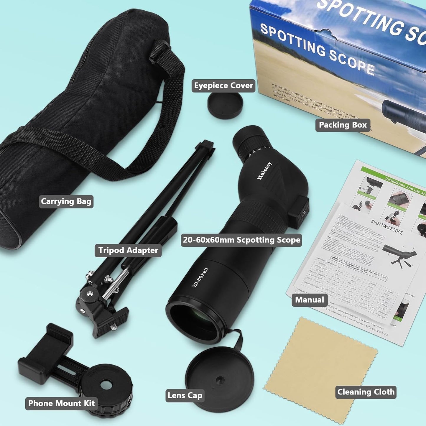 HUICOCY Spotting Scopes, 39-19m/1000m Spotting Scopes with Tripod, FMC Lens, BAK4 45 Degree Angled Eyepiece, Fogproof Scope with Phone Adapter, Carry Bag, Bird Watching Wildlife Scenery