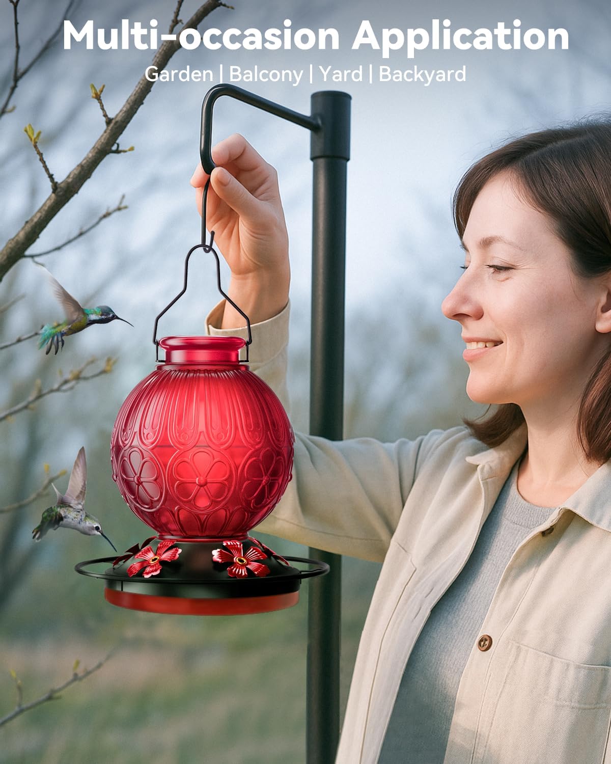 26Oz Hummingbird Feeder for Outdoors, Vintage Glass Bird Feeder with Perch, Durable & Easy to Clean, Hanging Nectar Feeder for Garden, Yard, Deck – Gift for Bird Lovers (Red)