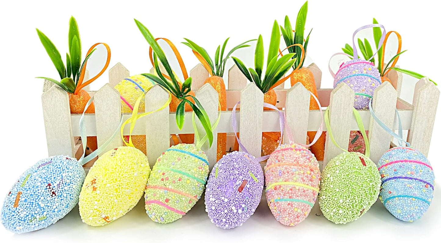 18PCS Easter Egg Ornaments and Carrot Hanging Ornaments Colorful Foam Hanging Egg Ornaments Foam Glitter Artificial Carrots Easter Tree Decorations Home Party DIY Crafts