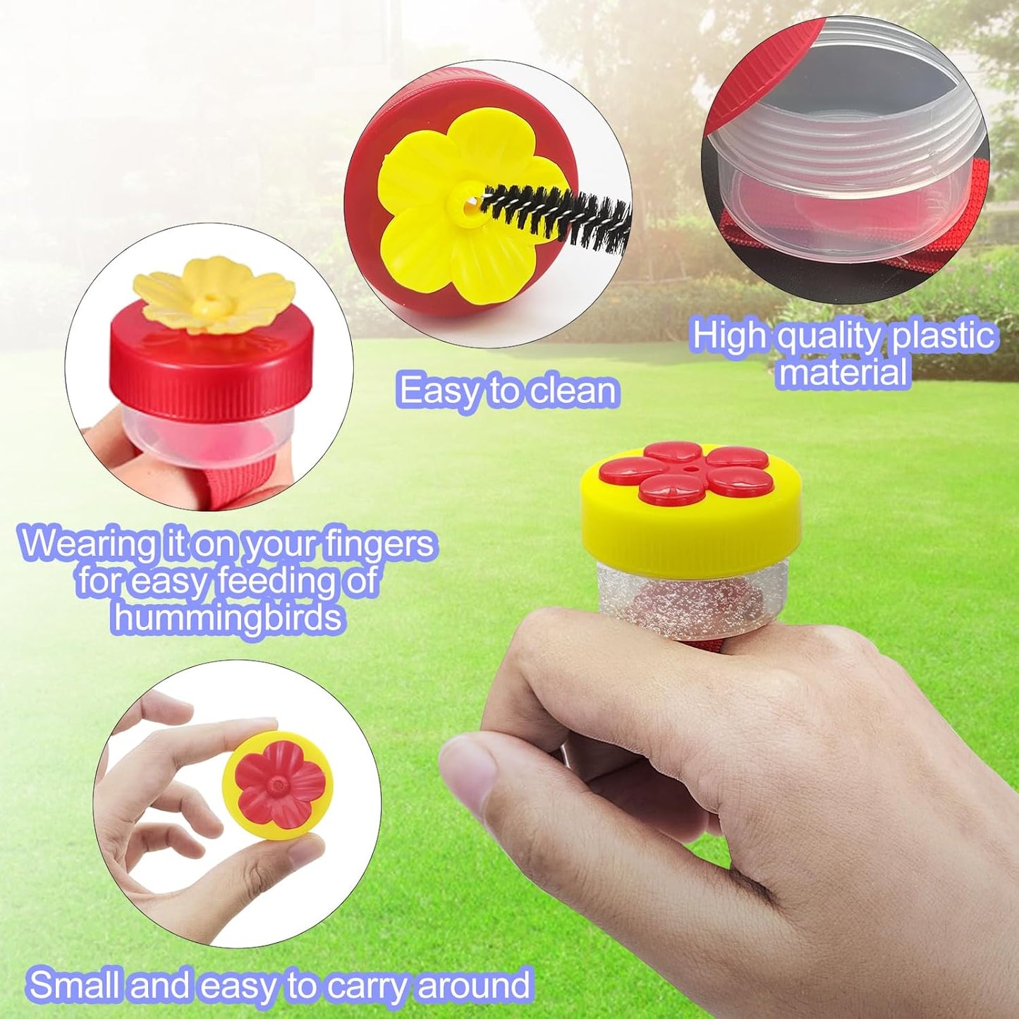 4 PCS Hummingbird Ring Feeder, Hand Hold Hummingbird Feeder with 2 Cleaning Brush and Stretchy Finger Ring Strap Mini Hand Feeding Tools for Outdoors (2 Red+2 Yellow)