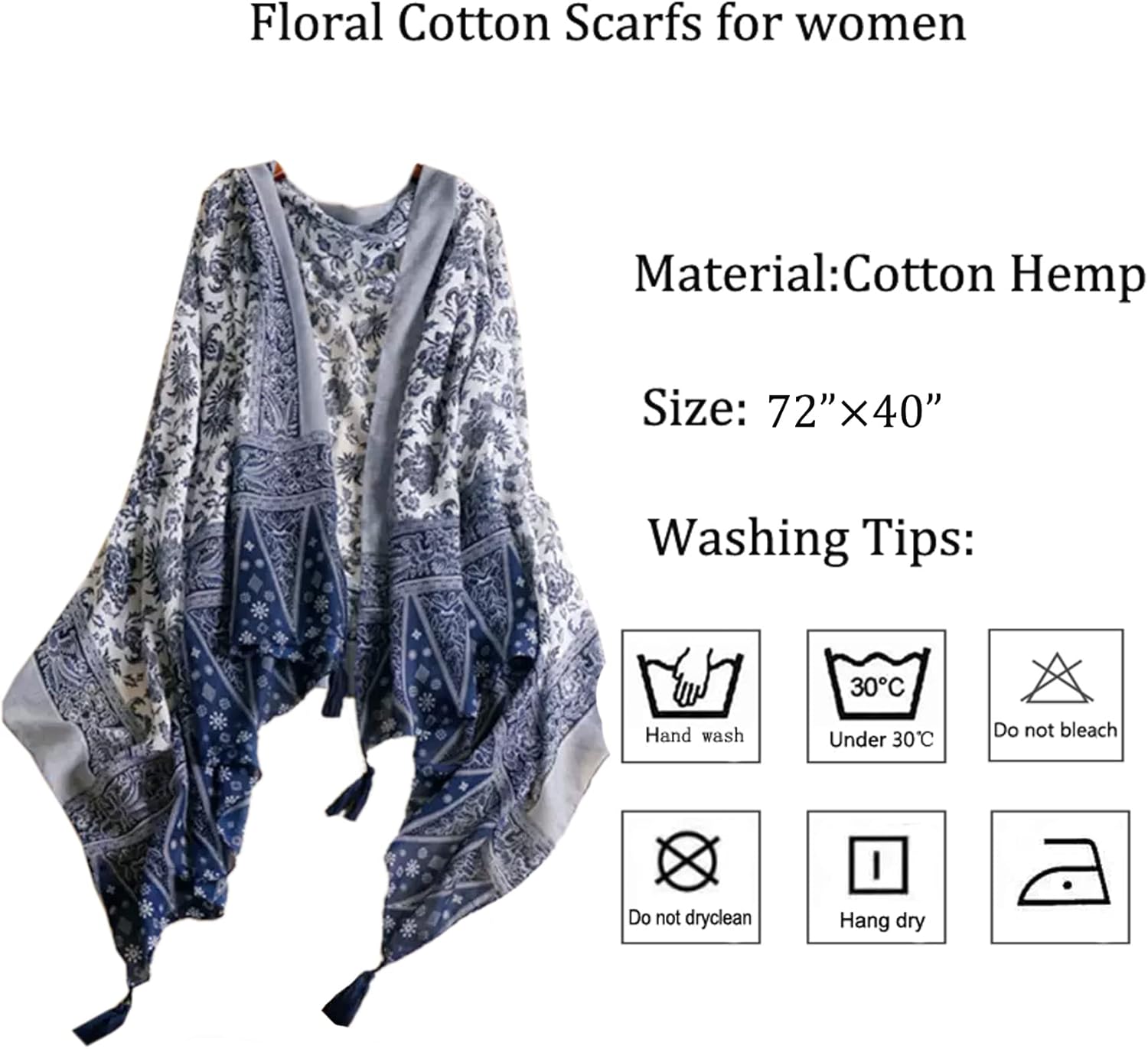 GUZOSJO Women's Boho Cotton Hemp Lightweight Floral Printed Scarf Long