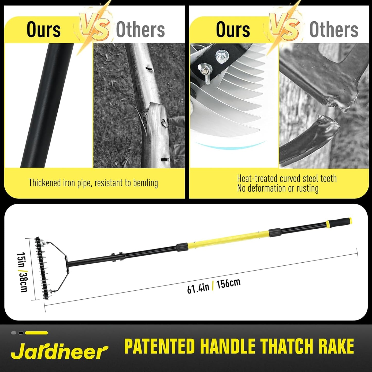 Jardineer Thatch Rake for Lawns, 61.4" Long Handle Manual Dethatcher w