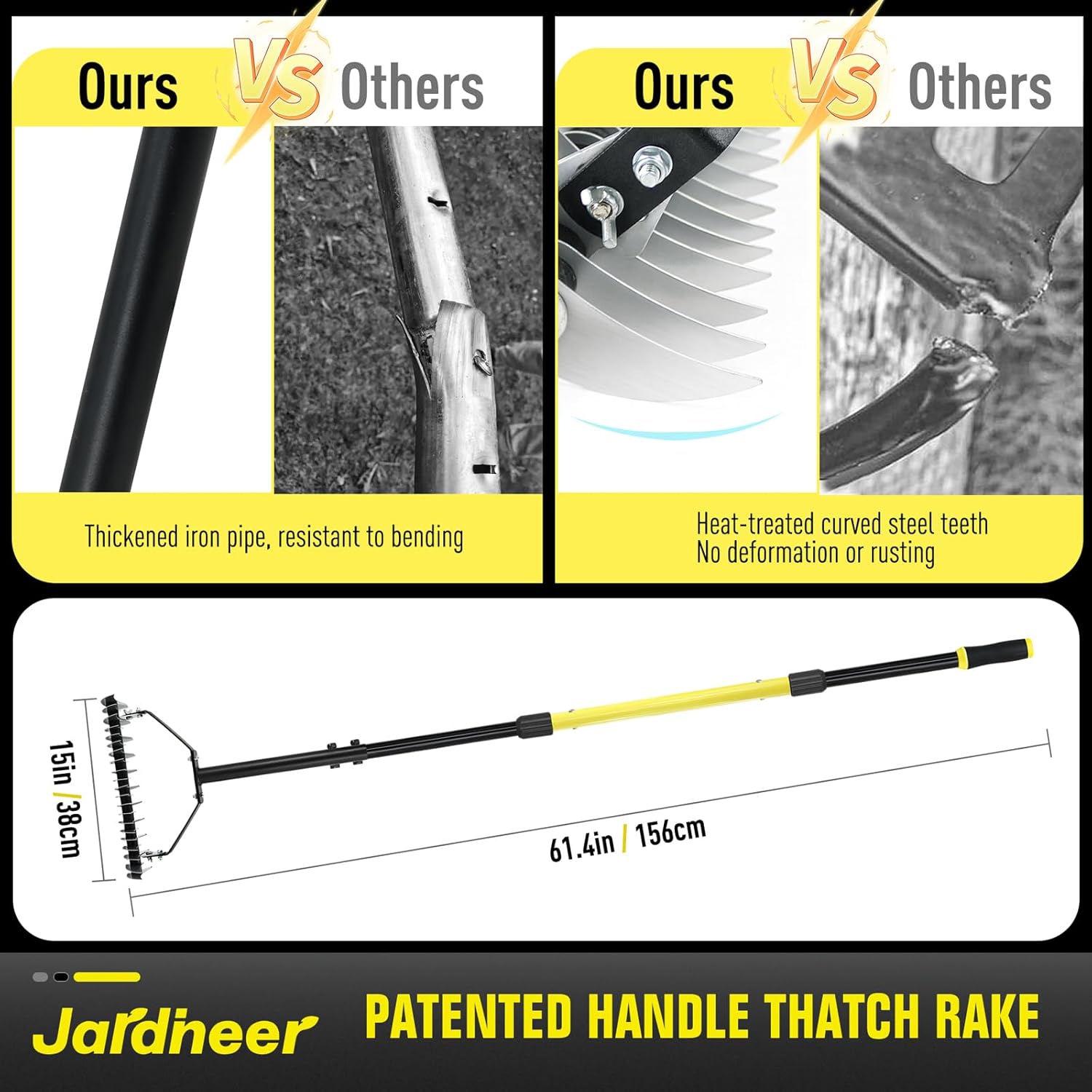 Jardineer Thatch Rake for Lawns, 61.4" Long Handle Manual Dethatcher w