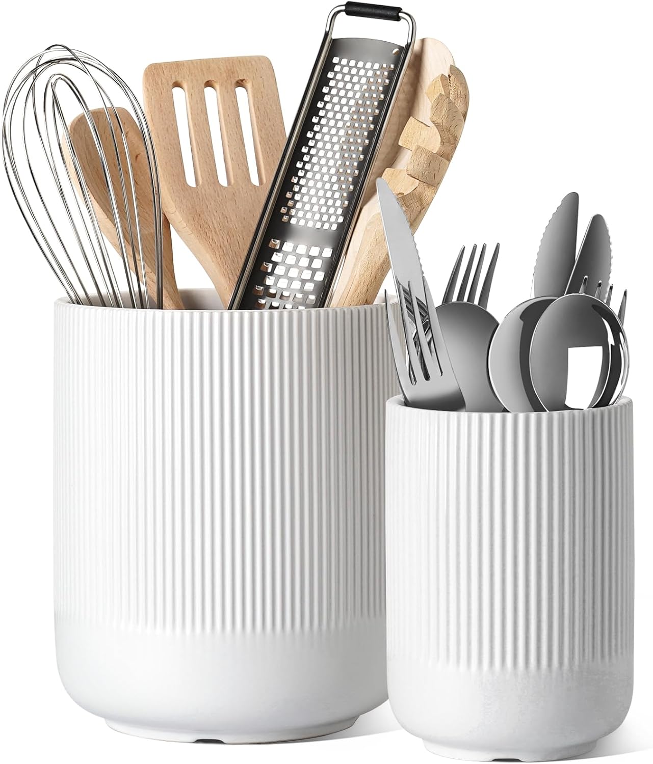 LE TAUCI Utensil Holder for Kitchen Counter, 7.3"+5.4" Fluted Ceramic 
