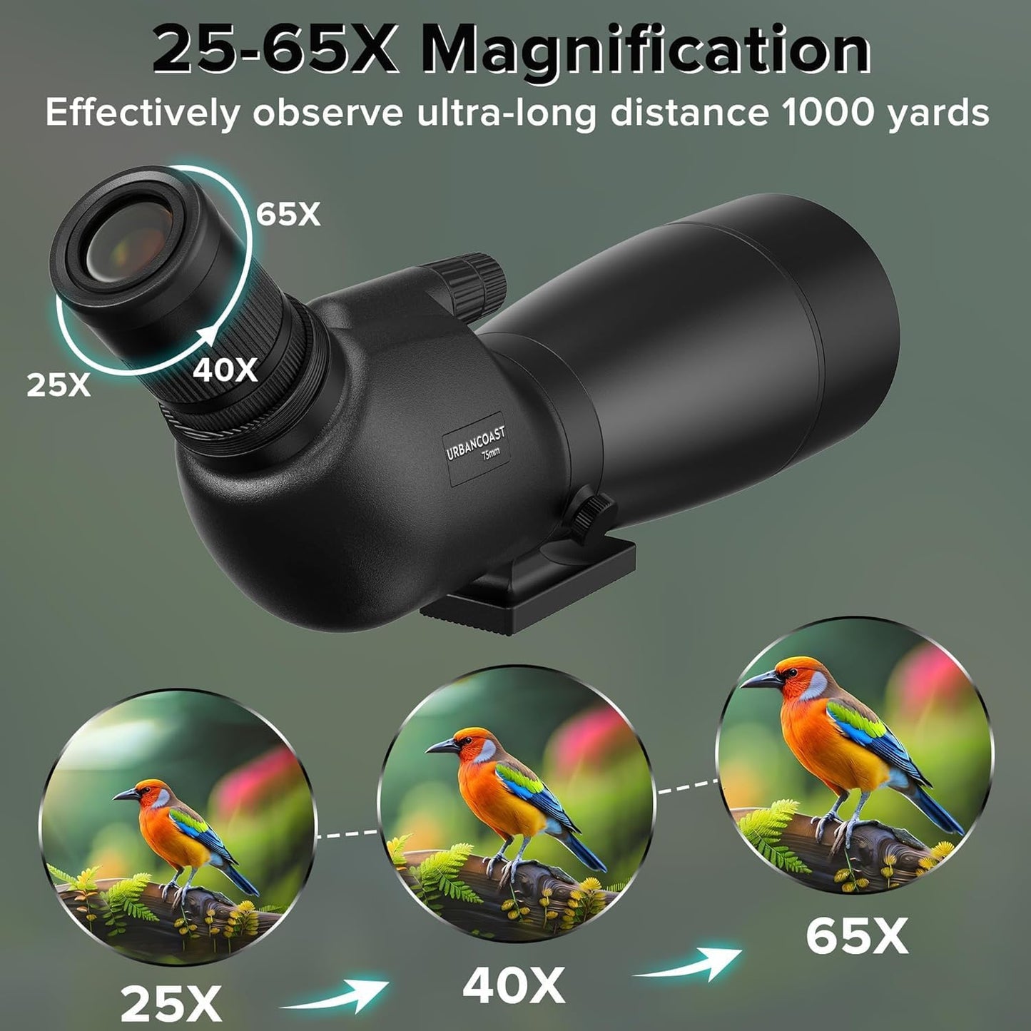 Spotting Scope 25-65x75mm - URBANCOAST Portable Spotting Scopes with Full Size Tripod, Carrying Bag, and Scope Phone Adapter - Ideal for Bird Watching