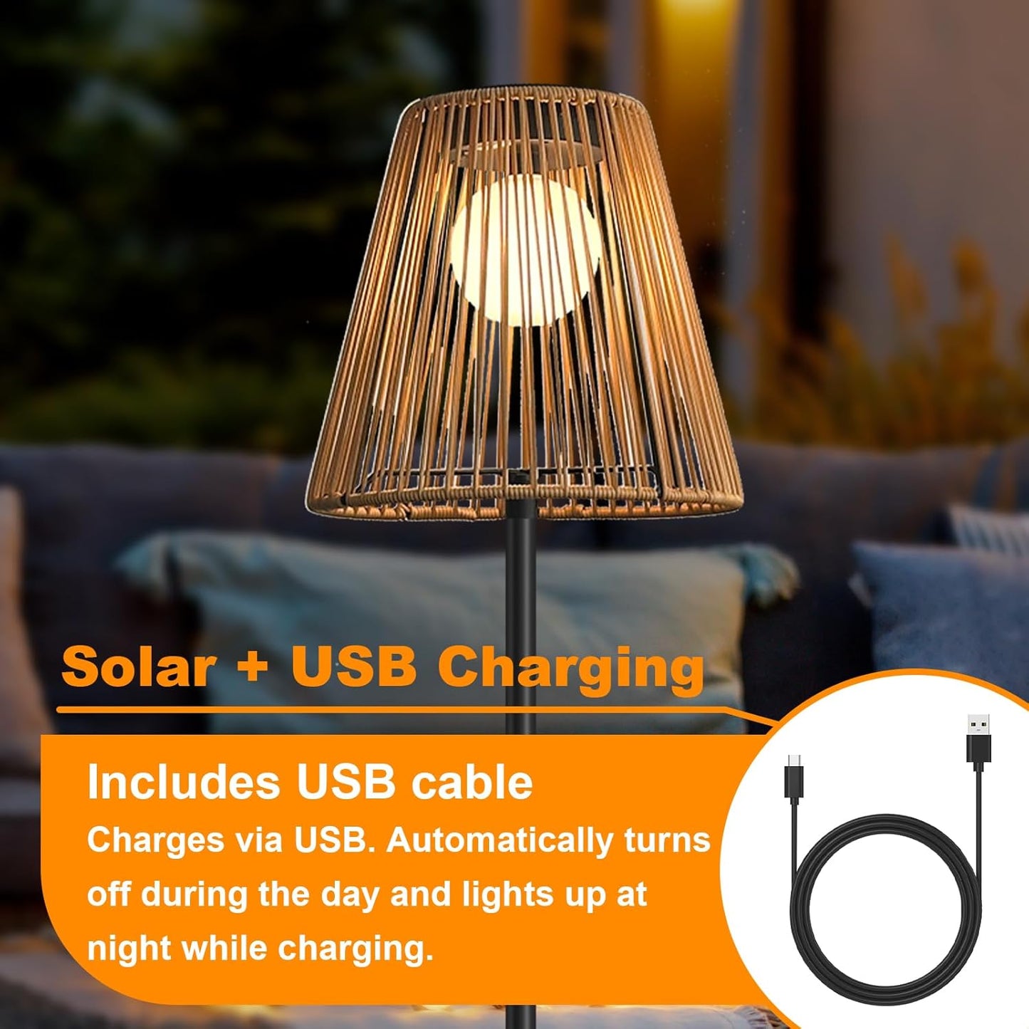 Outdoor Solar Floor Lamp, Garden Rattan Wicker Light, Metal Pole and Base, Waterproof Yard Garden Wedding Home Decor Light -Brown