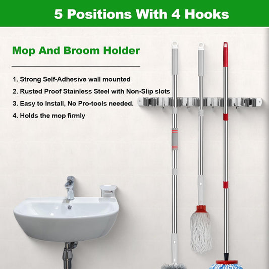 voze 5 Racks and 4 Hooks Mop and Broom Holder Wall Mount, Self Adhesiv