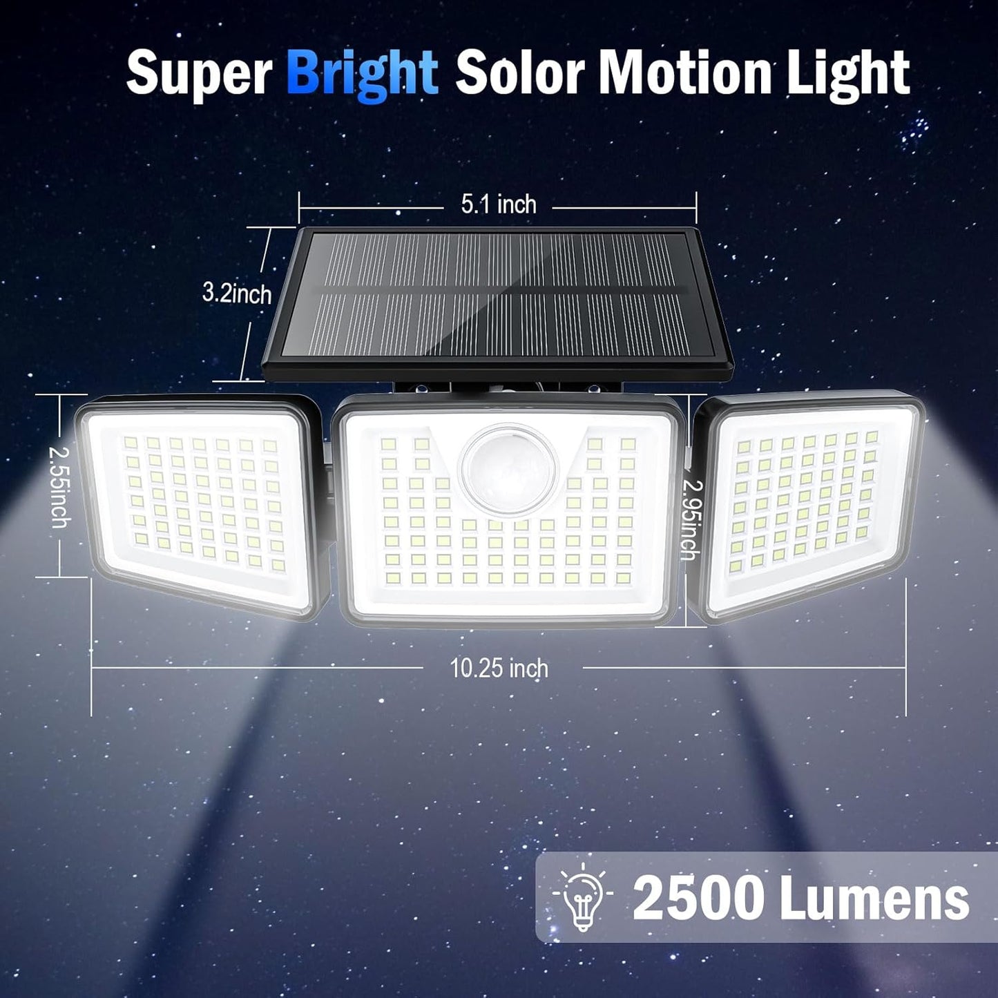 2500LM Solar Lights Outdoor with Motion Sensor,3 Head 270° Wide Angle 