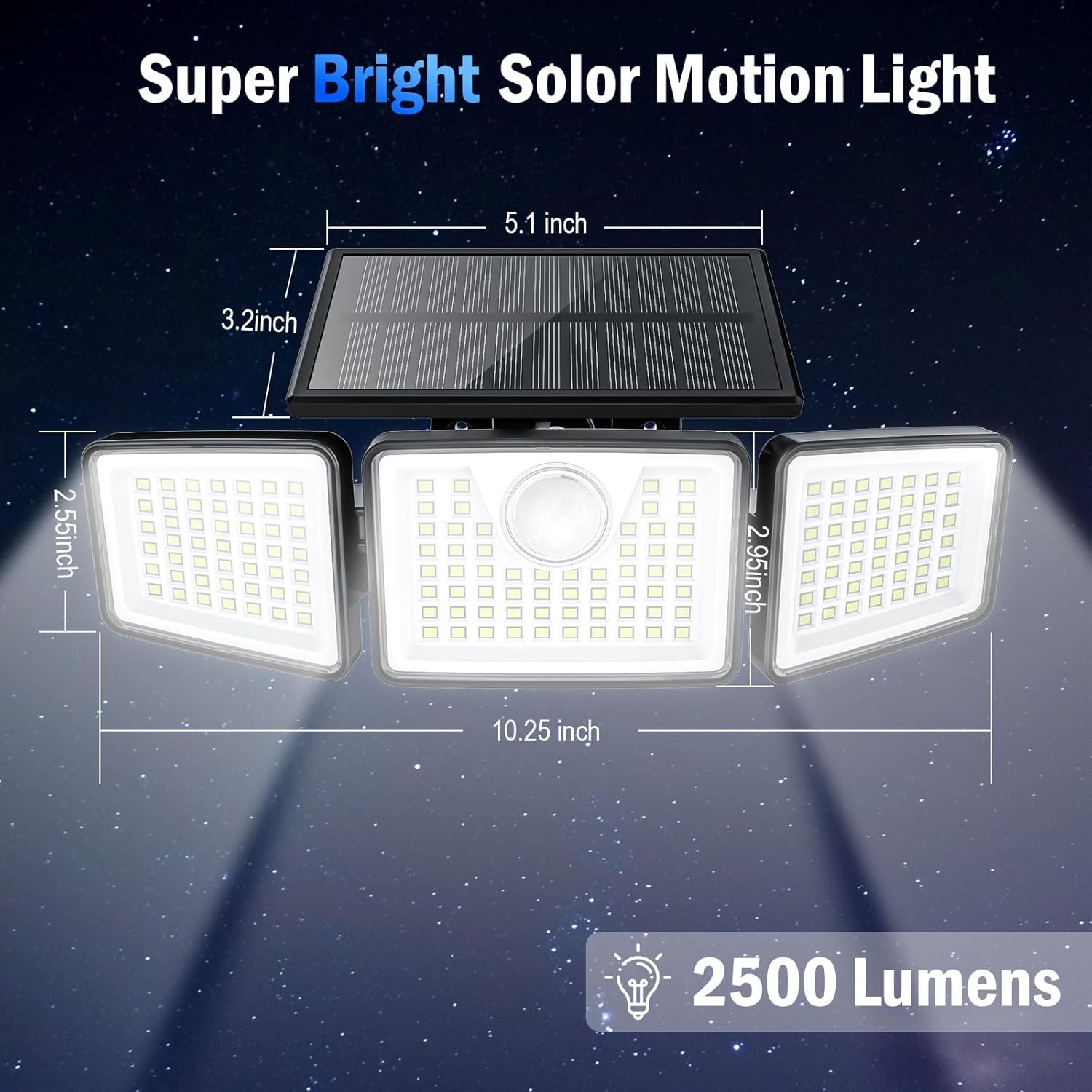 2500LM Solar Lights Outdoor with Motion Sensor,3 Head 270° Wide Angle 
