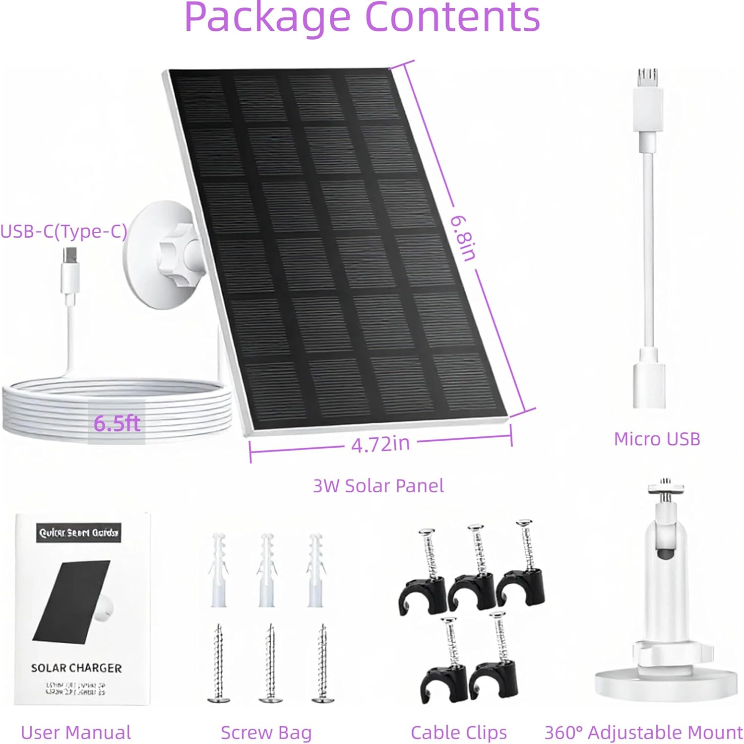 Solar Panel for Security Camera Outdoor, 3W USB C Solar Panel Charger 