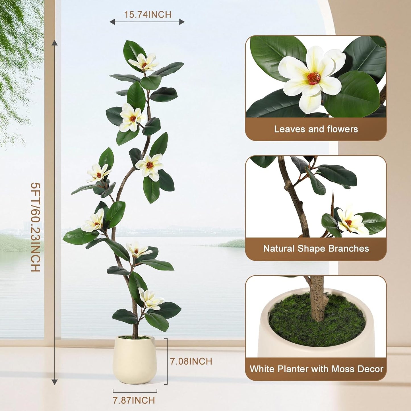 Rubber Tree 5 ft Artificial Tree in White Planter Pot, Faux Plants Indoor Faux Floor Plant Artificial Plants with 7 Pcs Magnolia Flowers for Home Decor, Artificial Fiddle Leaf Fig Tree for Office