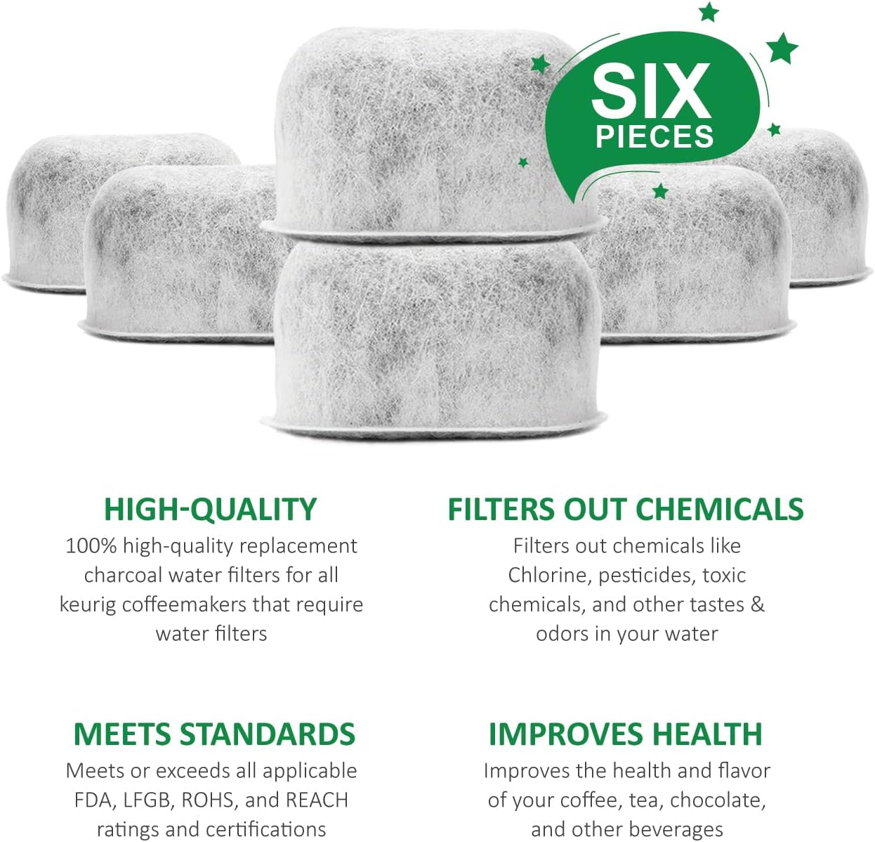 Pack of 6 Replacement Charcoal Water Filters By Housewares Solutions for Keurig Brewers - Keurig Compatible Water Filter Cartridges Universal Fit (NOT CUISINART) for Keurig 2.0 & 1.0 Coffee Makers