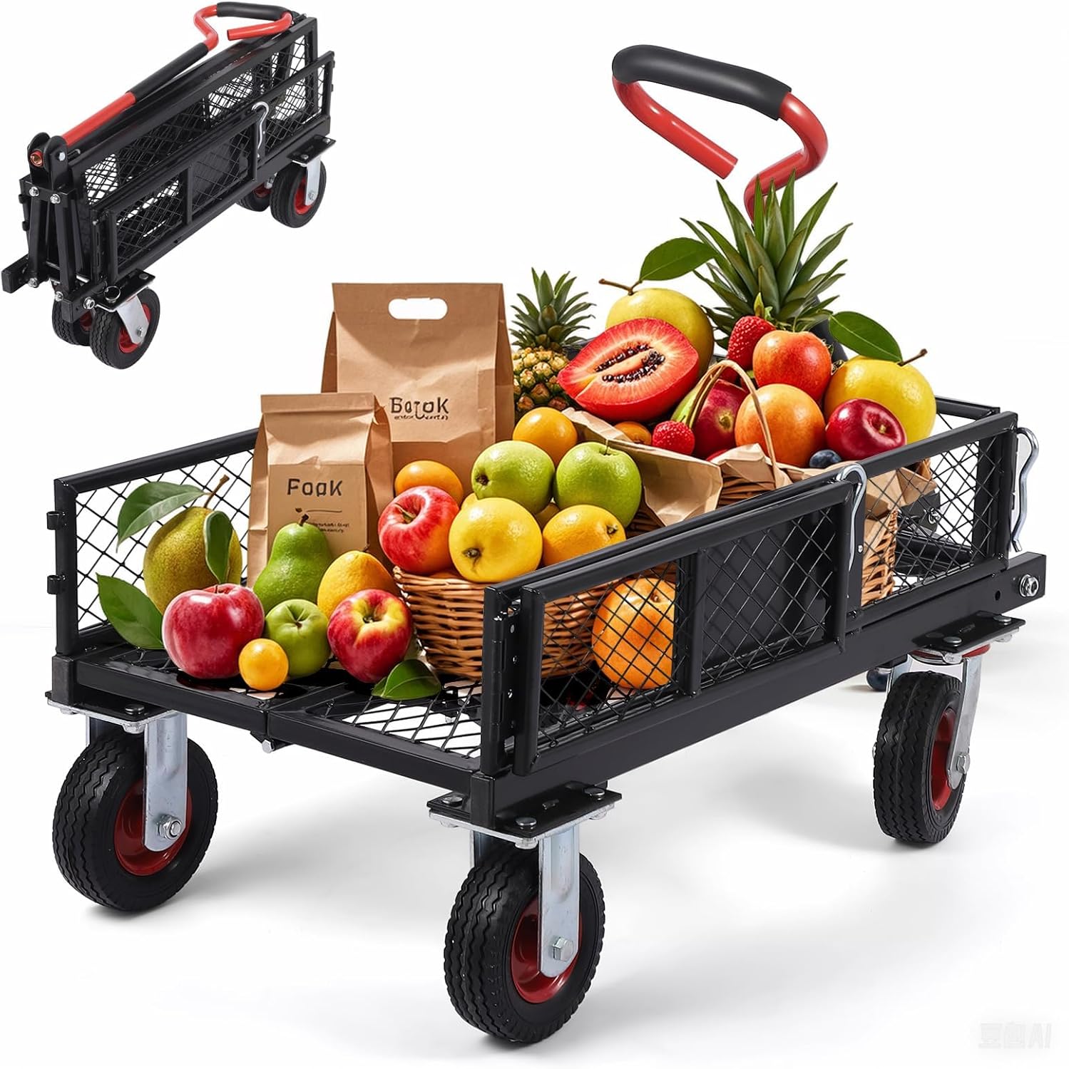 360 Lbs Steel Garden Folding Wagon Cart Heavy Duty with 180° Rotating 