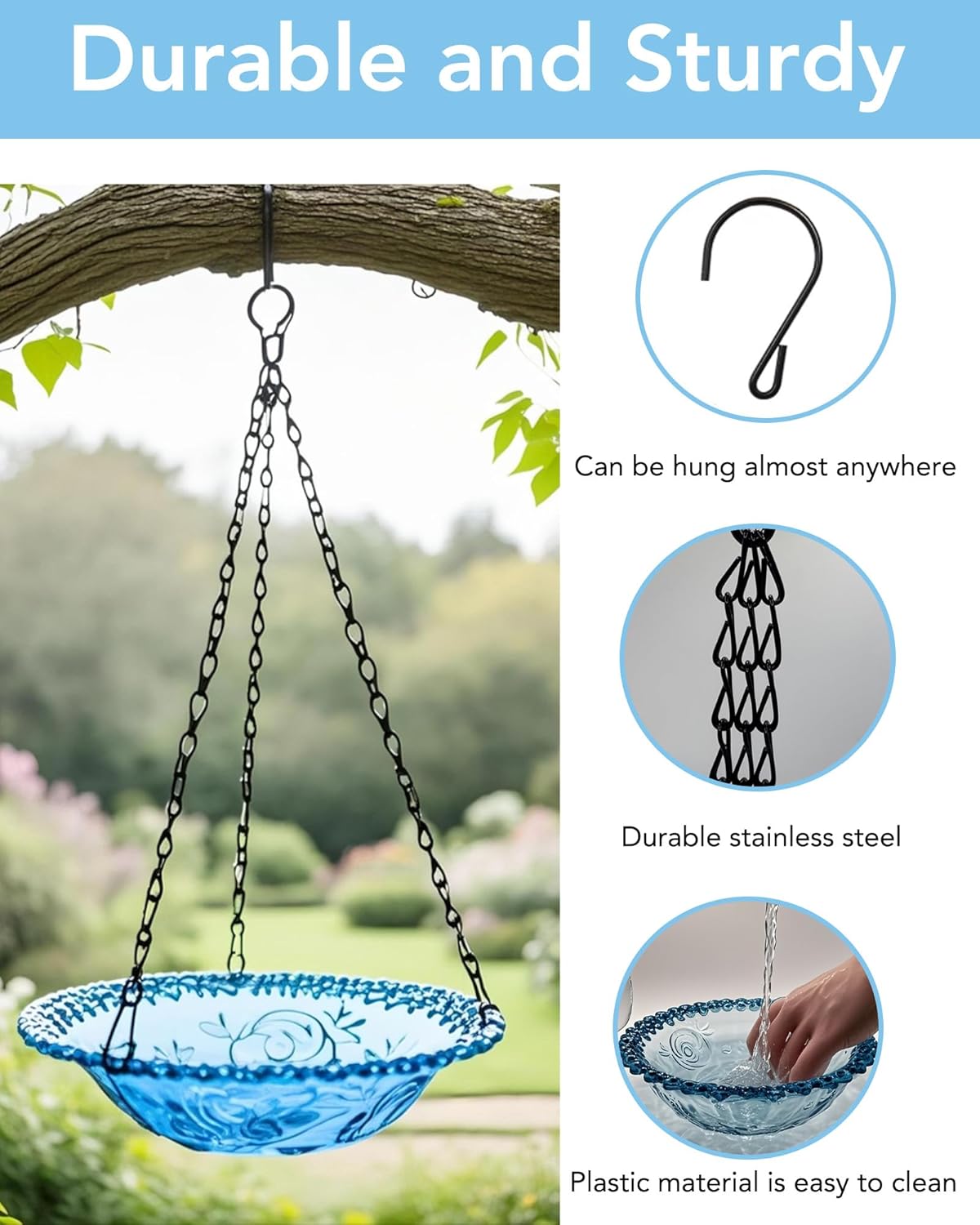 2 Pack Hanging Bird Baths and Feeders for Outdoors, Plastic Bird Bath Bowl & Hanging Feeder for Garden Yard Decor,Nature Blue