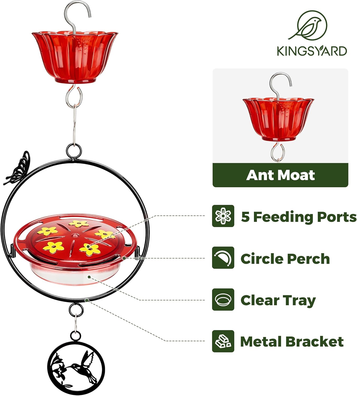 Kingsyard Upgraded Hummingbird Feeder Hanging, Large Capacity Nectar Tray Bee Proof Leakproof, Outdoor 5 Port Perch Metal Bracket Ant Moat Easy Clean Weather Resistant，Black Metal Frame