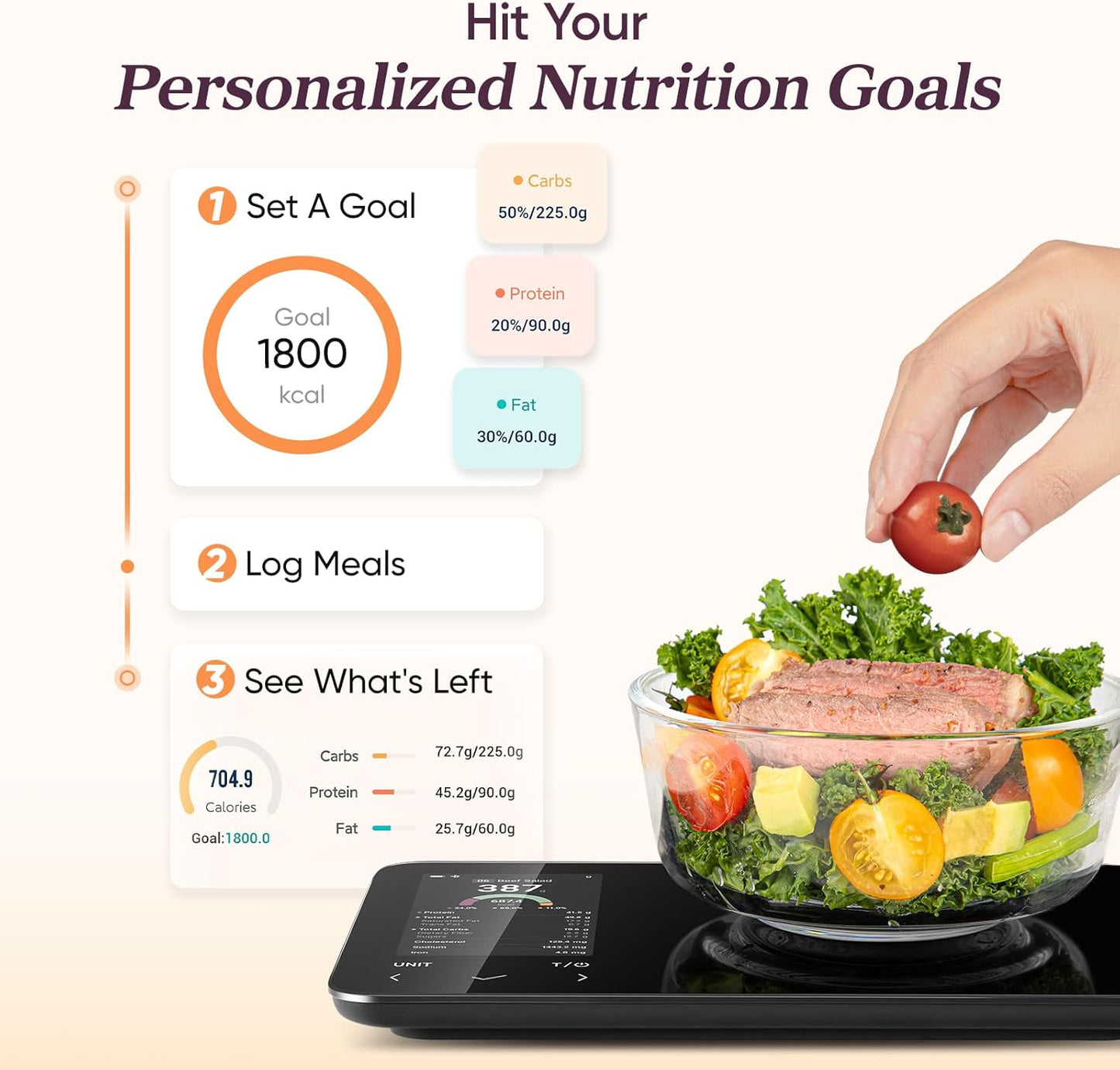 Cosori Smart Food Kitchen Scale with Nutritional Calculator, Free App for AI Scan, Calorie & Macro Tracking, Food Preload, On-Screen Nutrient Info, Personal Goals, Rechargeable, 11 lb / 5 kg
