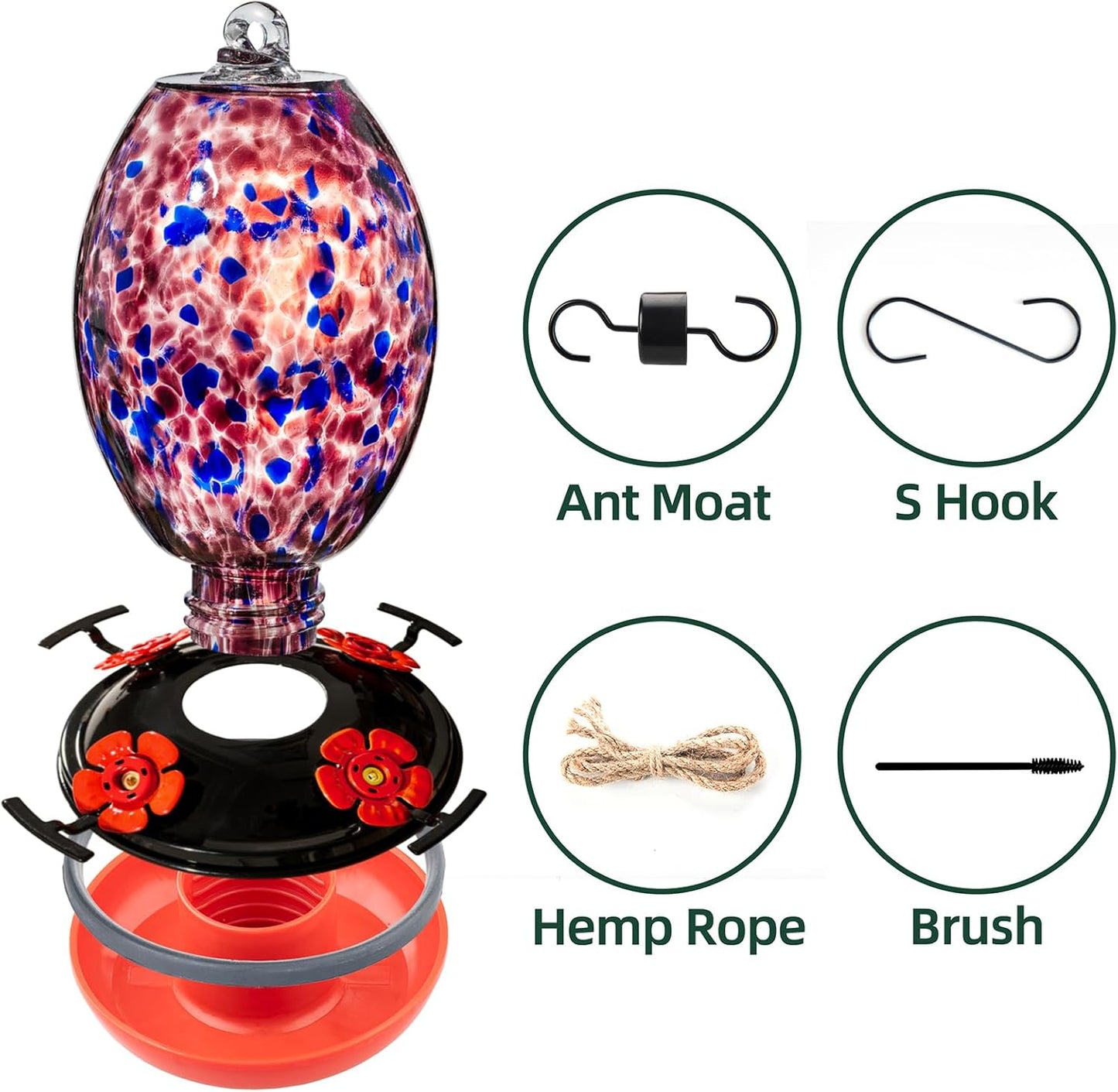 Muse Garden Glass Humming Bird Feeders for Outdoors - 27OZ Blown Glass
