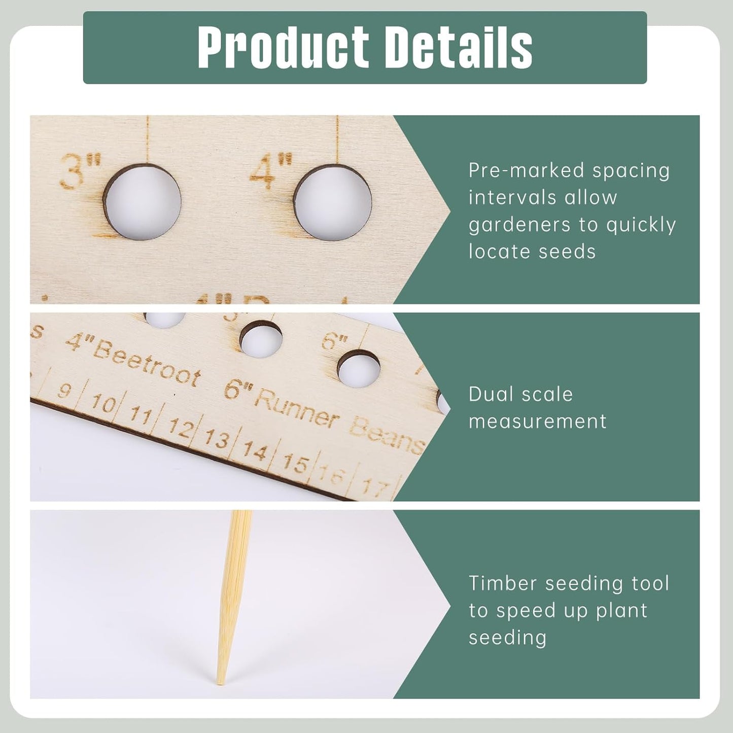 Seed Spacers Planting Tool, Garden Seed Planter Ruler with 2 Wooden St