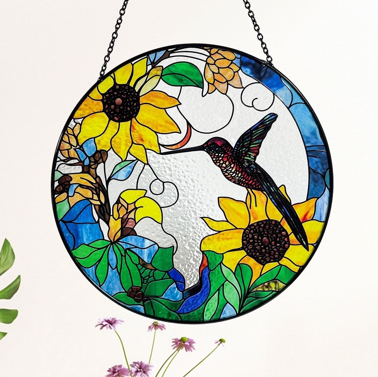 Hummingbird and Sunflowers Stained Glass Suncatcher/Window Hanging – Handcrafted Glass Art, Perfect for Home, Garden, and Gift Giving, 7.8 Inch Round Design