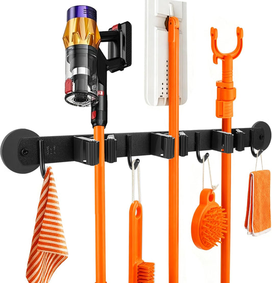 Magnetic Broom Holder Wall Mount with 4 Hooks and 3 Rack- Heavy Duty Non-Slip Mop Hanger for Wet Mops &Cleaning Tools on Refrigerator,Metal Door,Garage,Kitchen (3Racks 4Hooks)