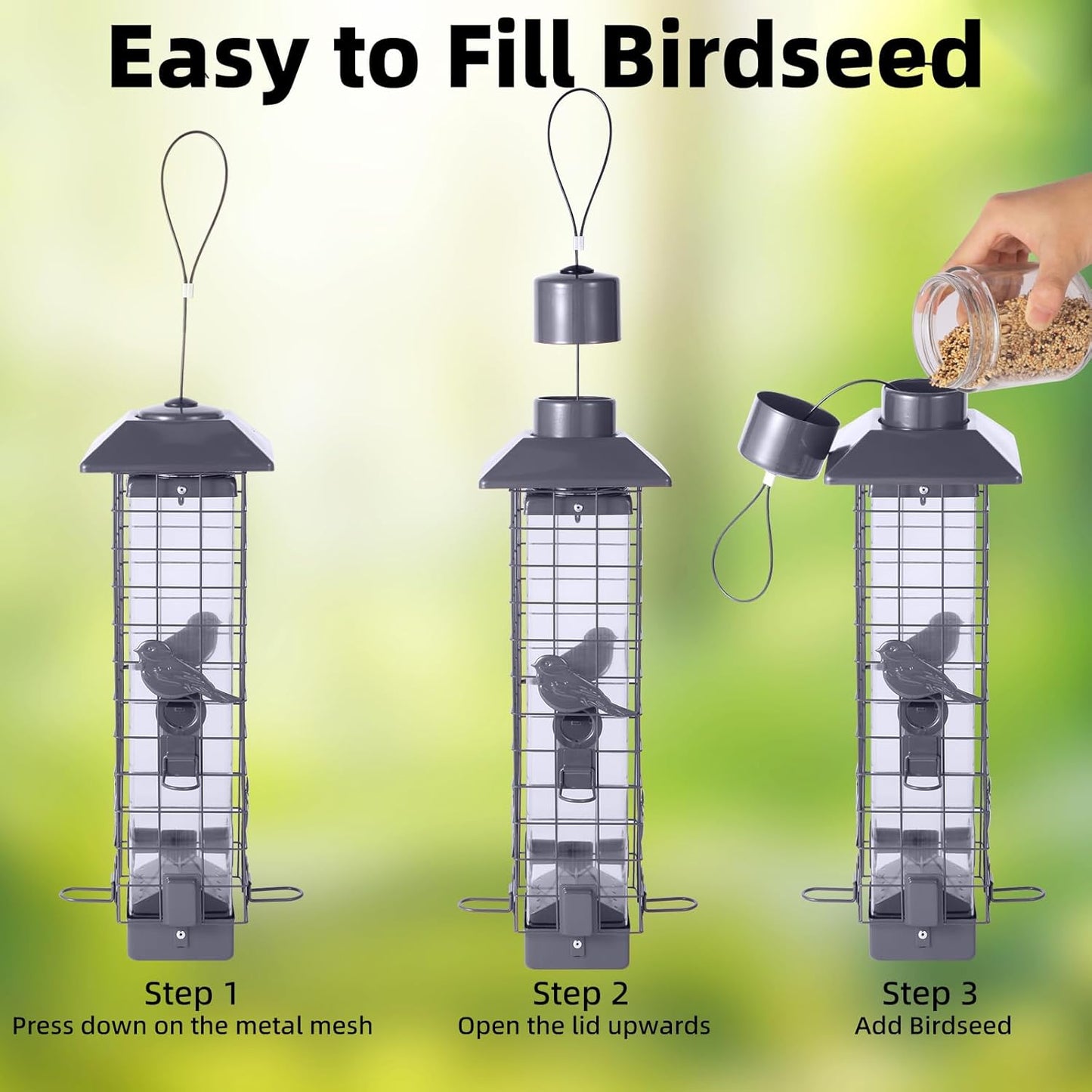 Squirrel Proof Bird Feeder, Metal Mesh Bird Feeder for Outside, Large Capacity and 4 Ports Perches (Silver Gray)