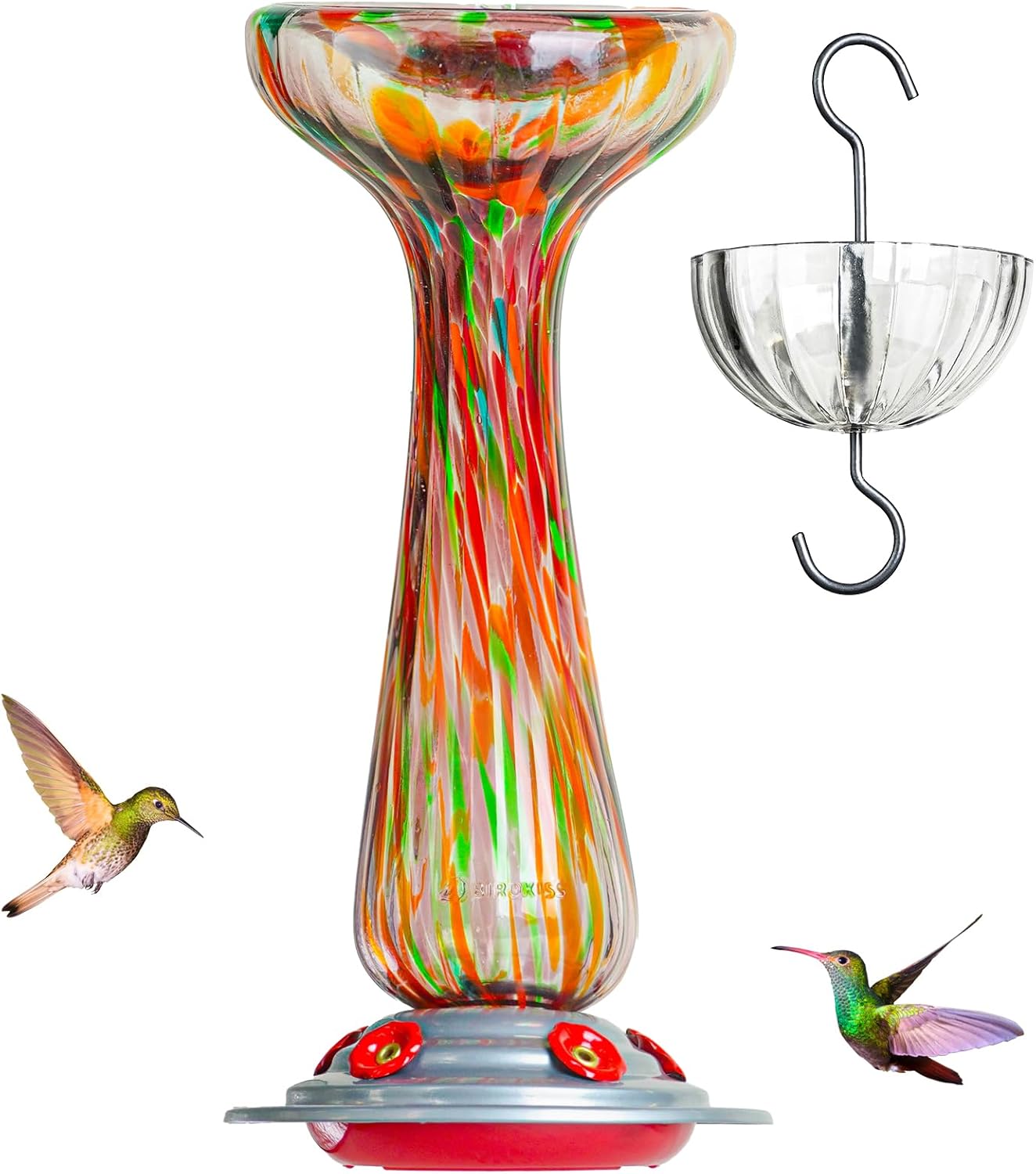 Hummingbird Feeder, Hand Blown Glass Large 27 fl.oz, Never Fade, 5 Fee
