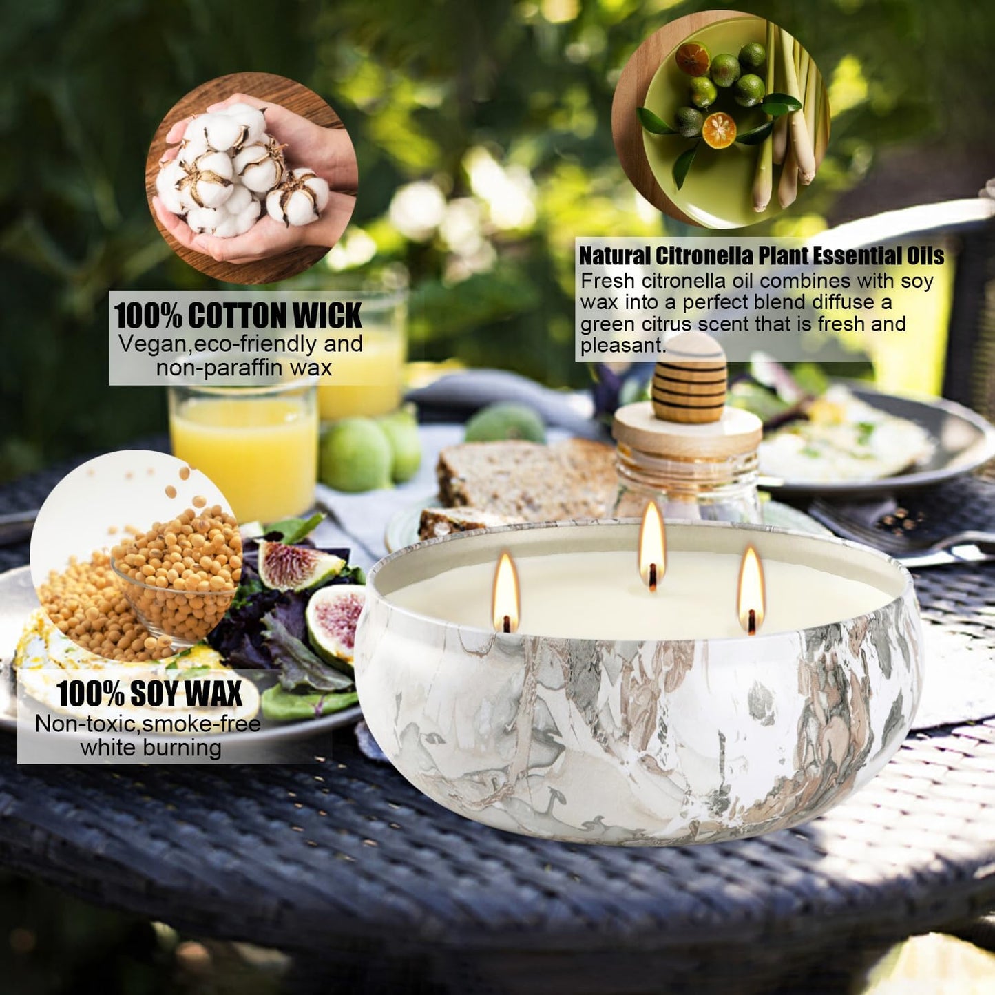 Citronella Candles Outdoor, 3 Pack 12oz Large Candle 3-Wick Natural Soy Wax Summer Scented Natural Set Soy Wax with 240 Hour Burn Time Outdoor Indoor Candles for Garden Yard Camping