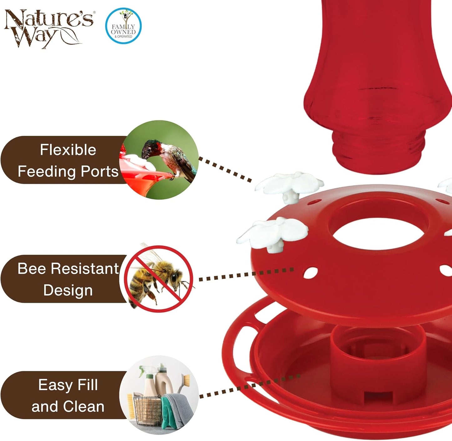Nature’s Way Crimson Silhouette Glass Gravity Hummingbird Feeder for Outdoor Décor, 11 oz Capacity Nectar Feeder, 4 Leak-Free Flexible Ports with Built-in Ant Moat, Red