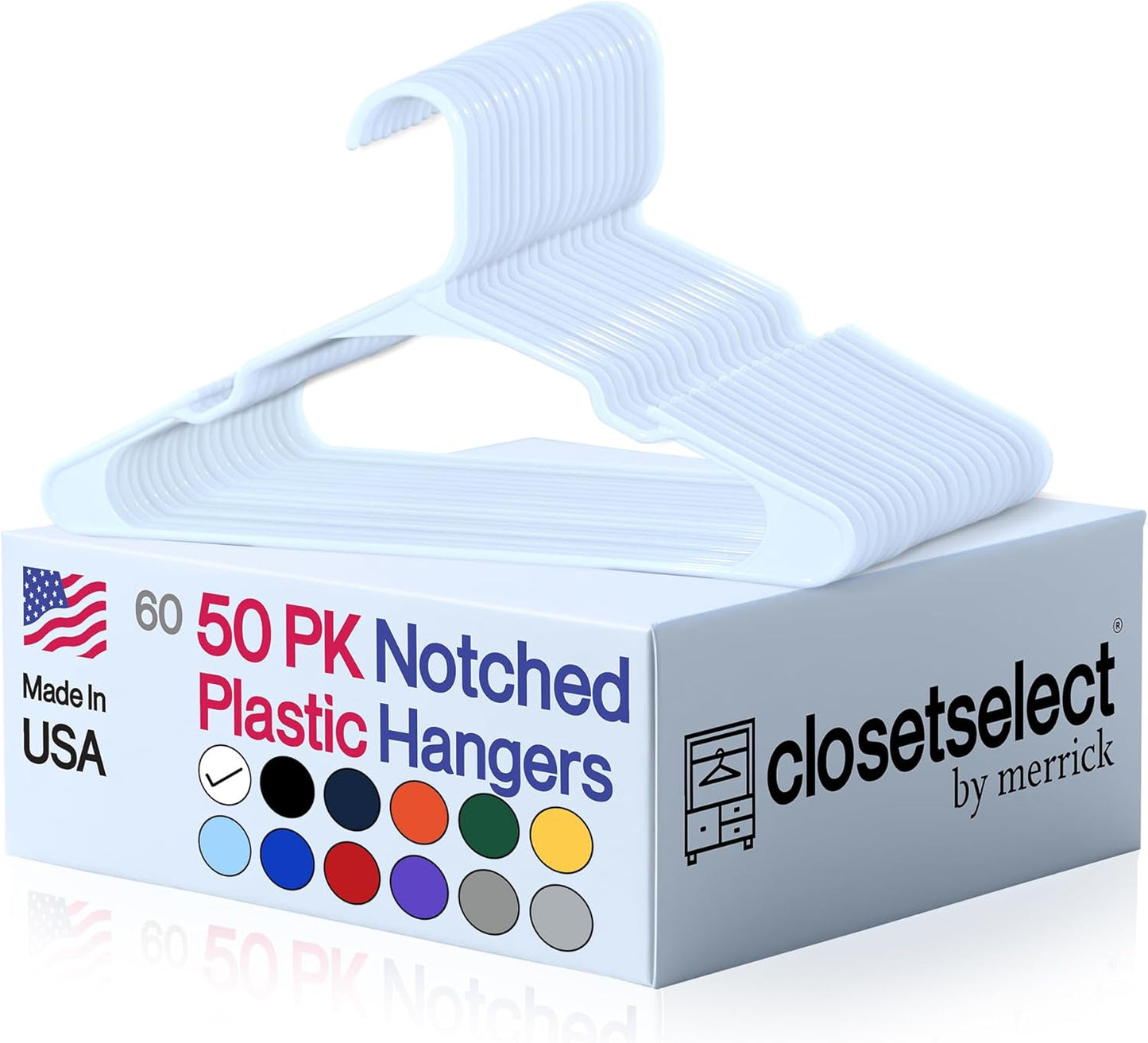 Plastic Hangers 50 Pack, Strong Space Saving Clothes Hanger, Made in USA, Perfect Shirt or Coat Plastic Hanger, with Shoulder Grooves, White, Notched