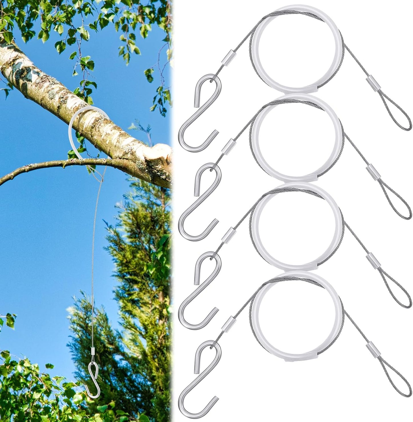 4pcs Bird Feeder Hanger for Tree with S-Hook Hanging Cable Tree Limb Protector with Silicone Sleeve Flexible Stainless Steel Cable for Heavy Bird Feeders, Plants, Baths (19.29inch)